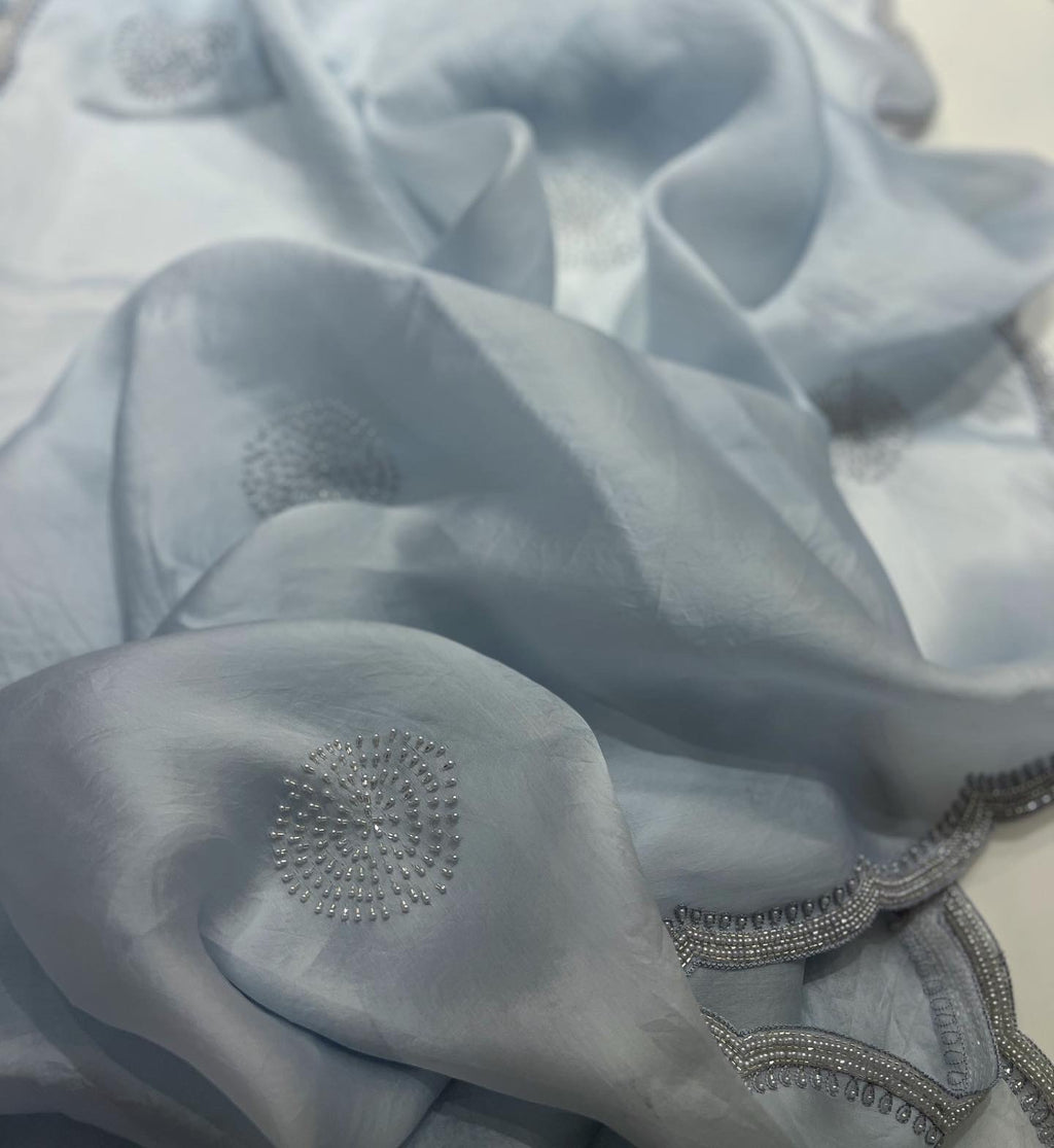 Ice blue pure satin organza saree