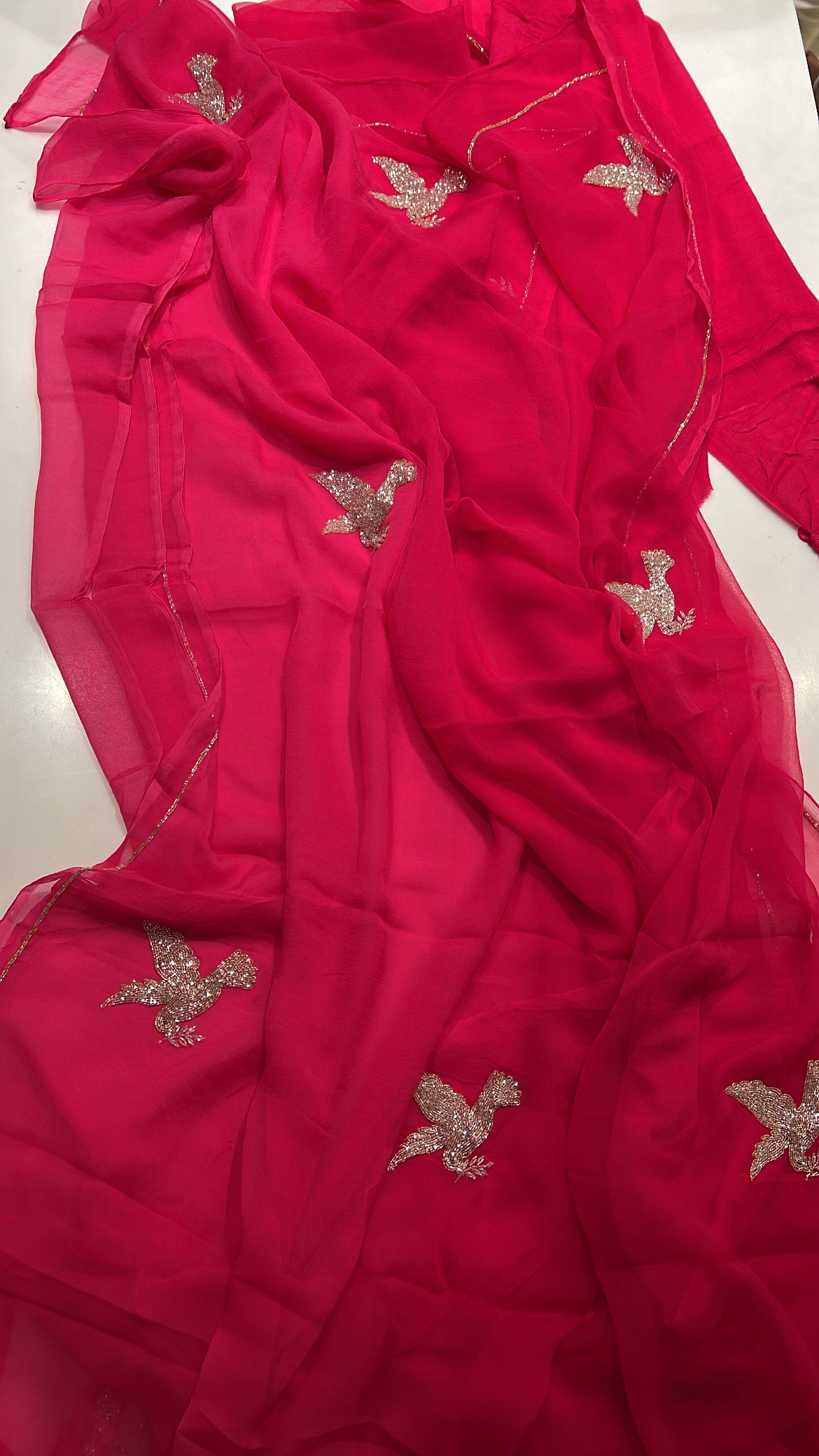 Red Rani bird Chiffon Saree