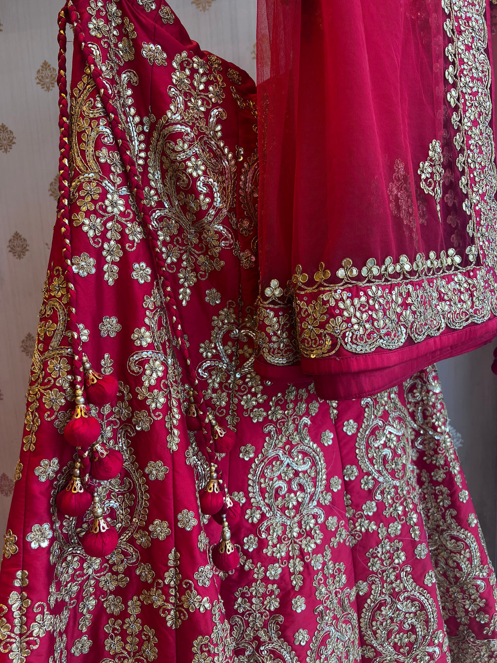 Red handwork gotapatti lehenga