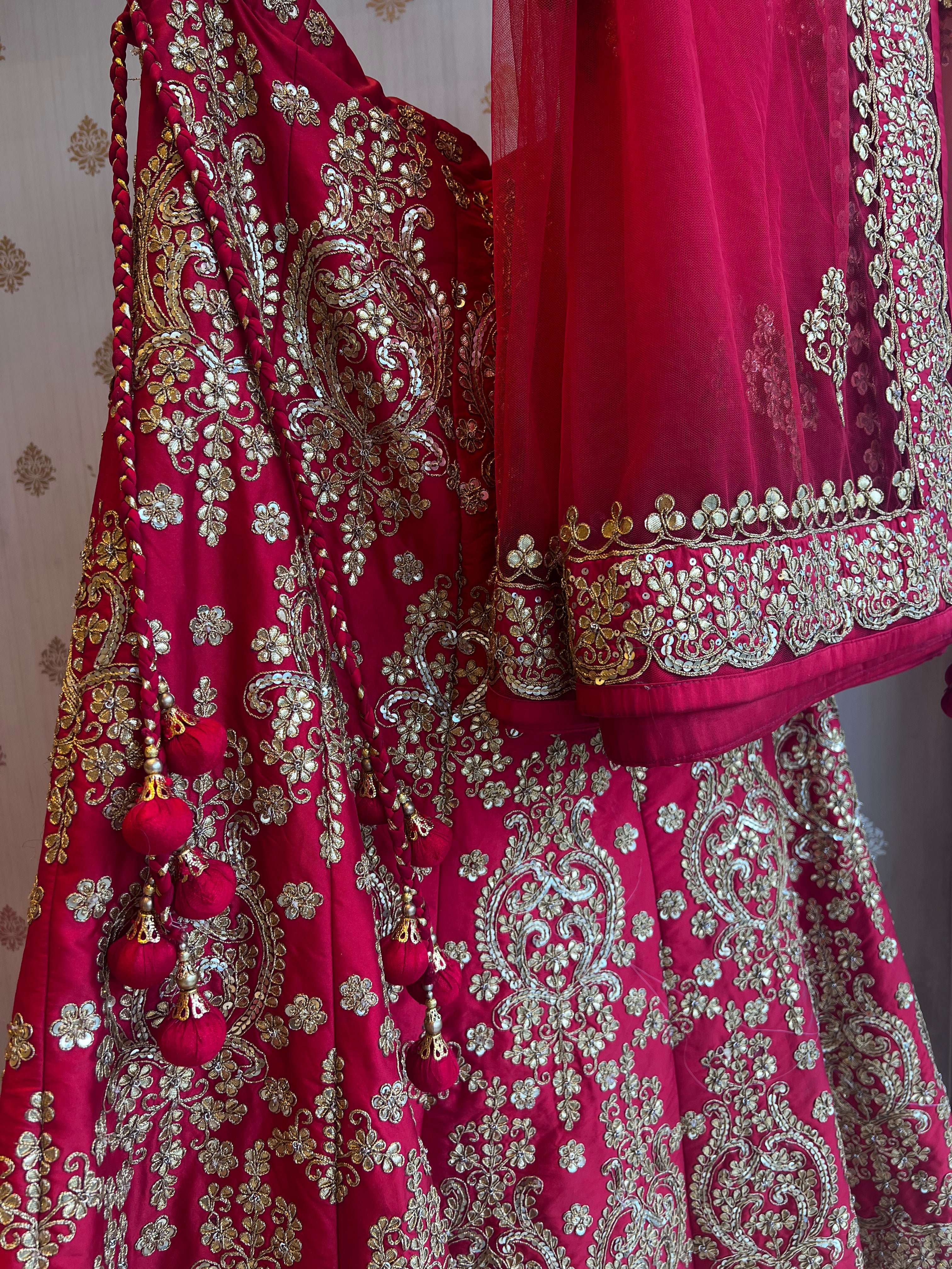 Red handwork gotapatti lehenga
