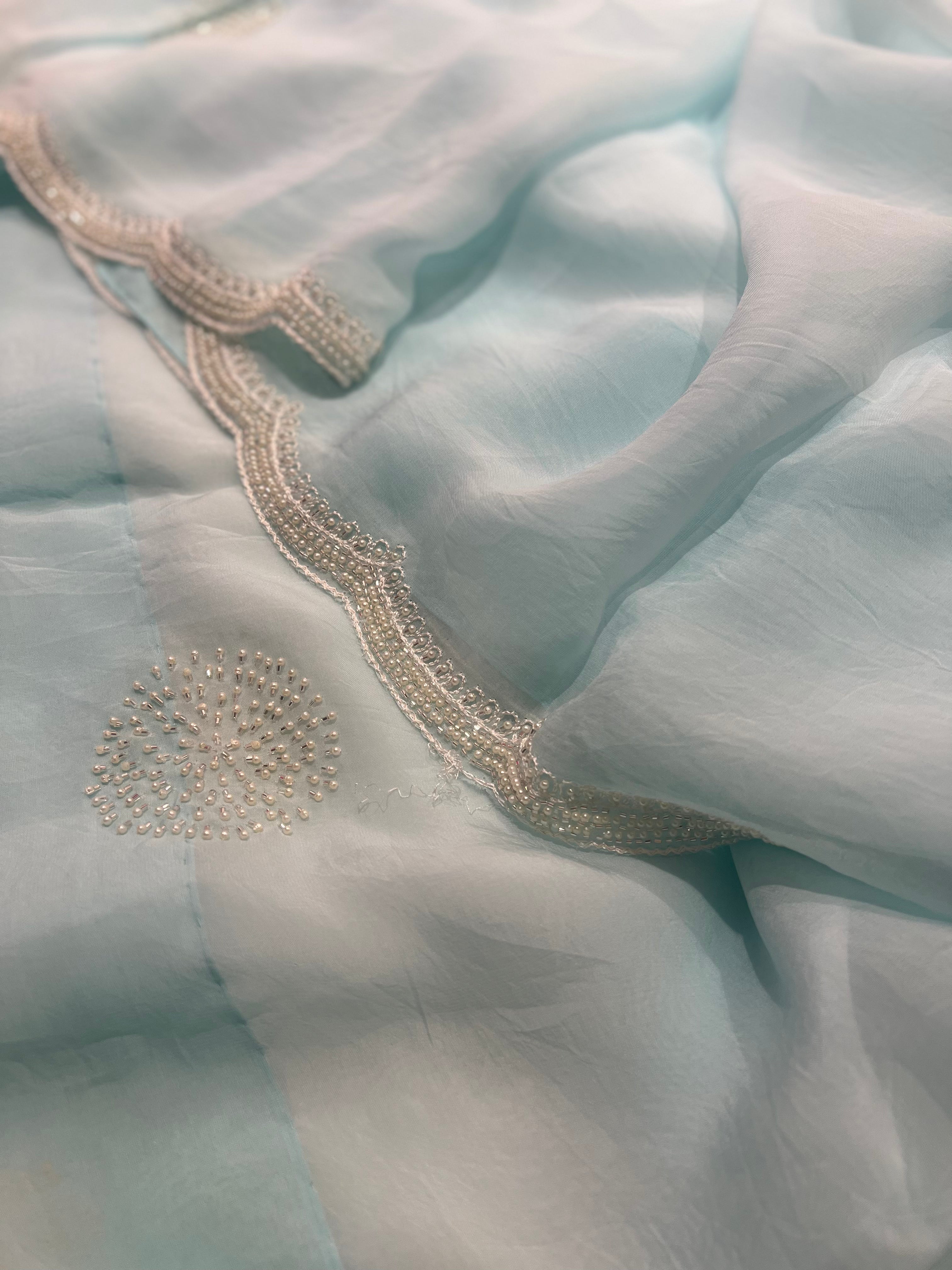Organza aqua blue saree