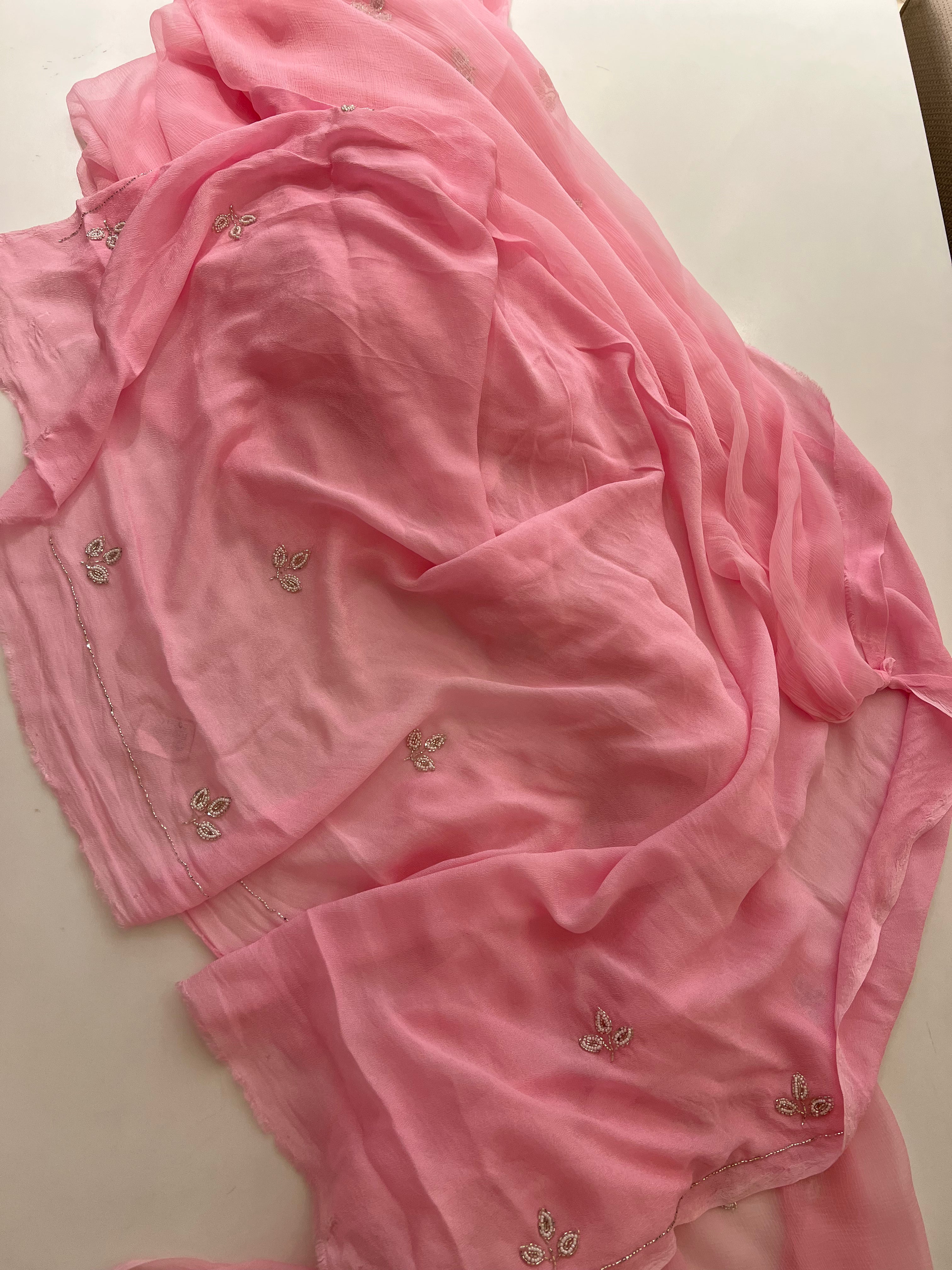Baby pink leaf motif chiffon saree