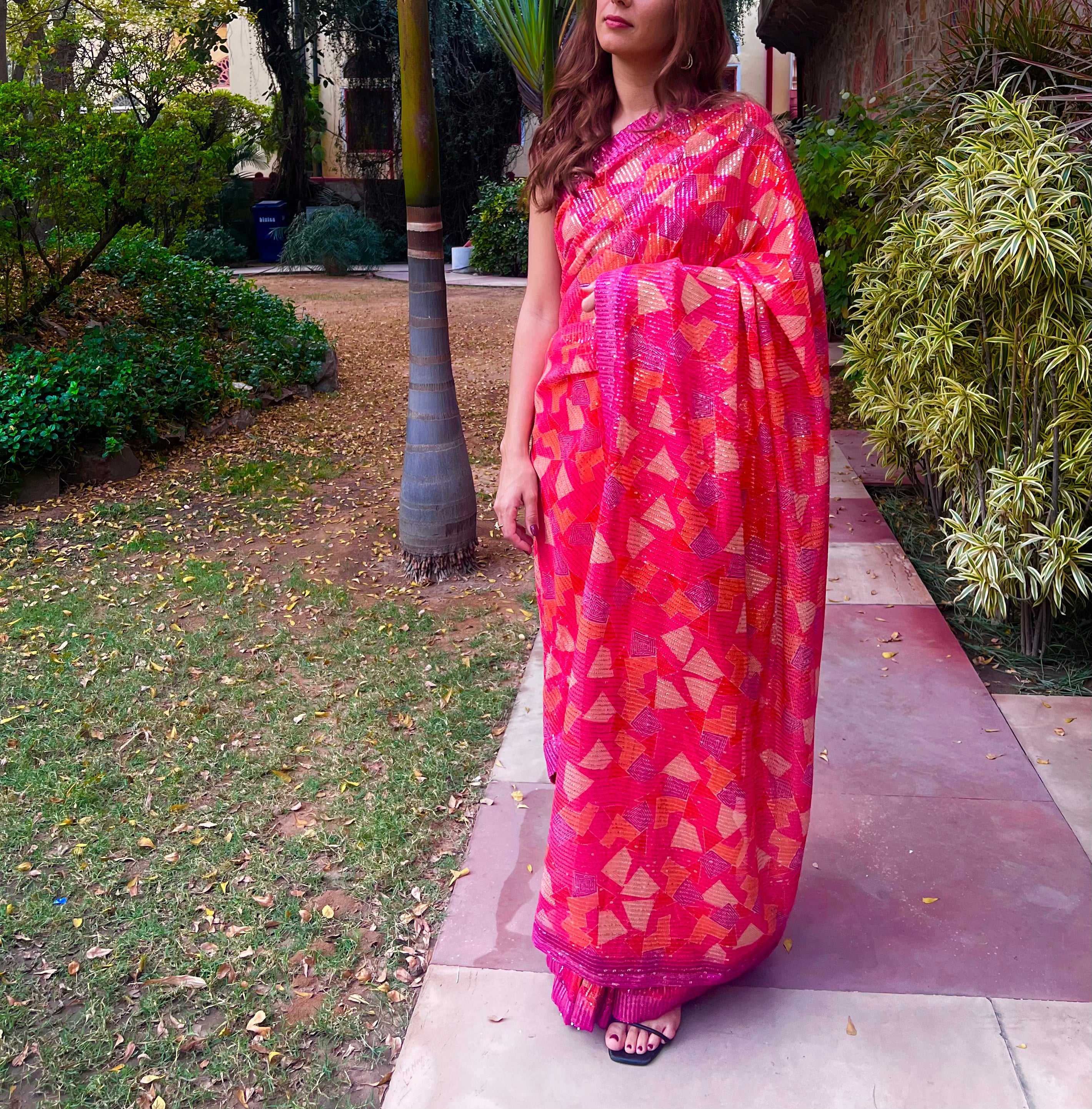 Valentino Red Pink Glamours all over sequins saree