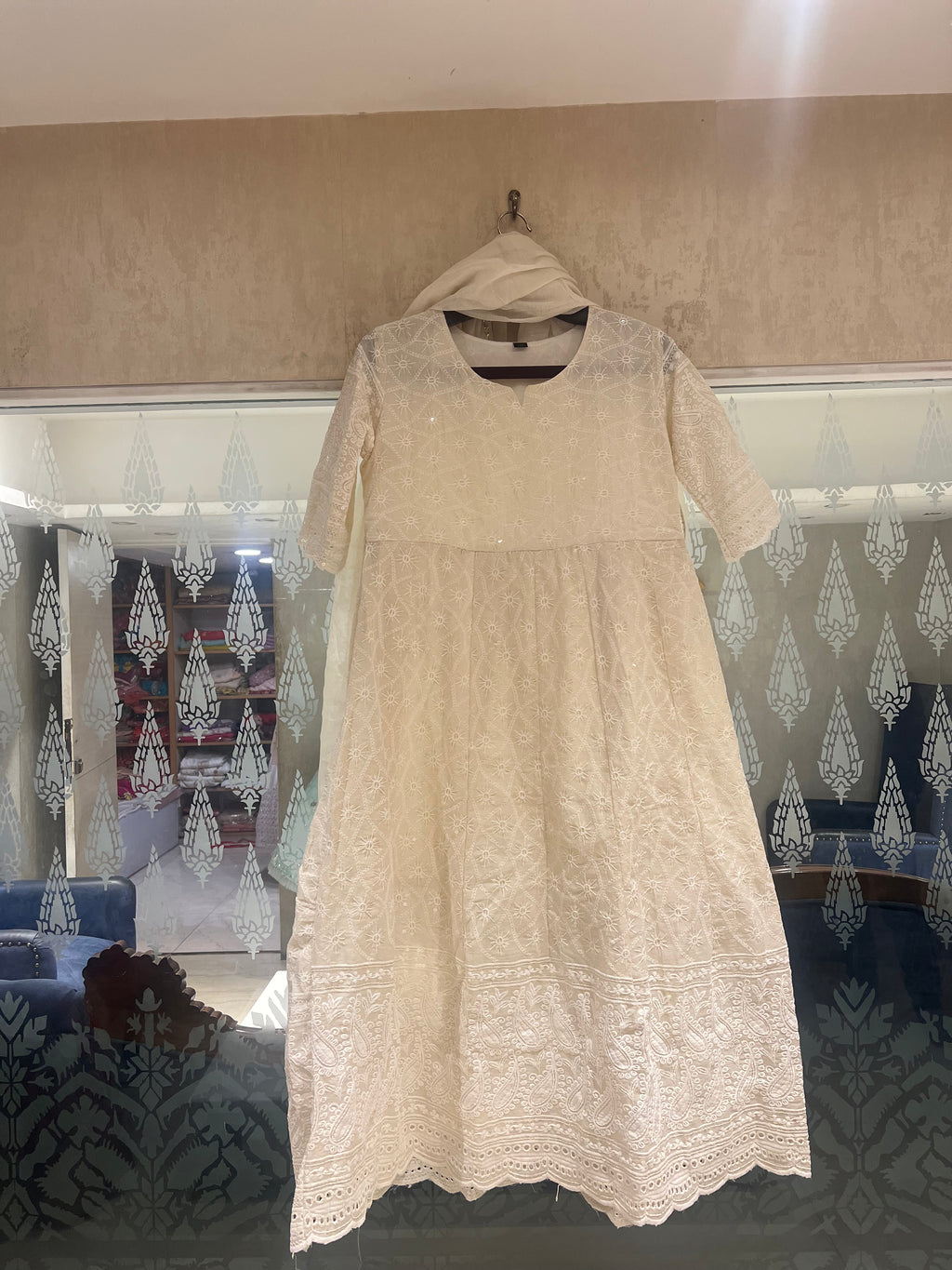 Ivory cotton Anarkali suit