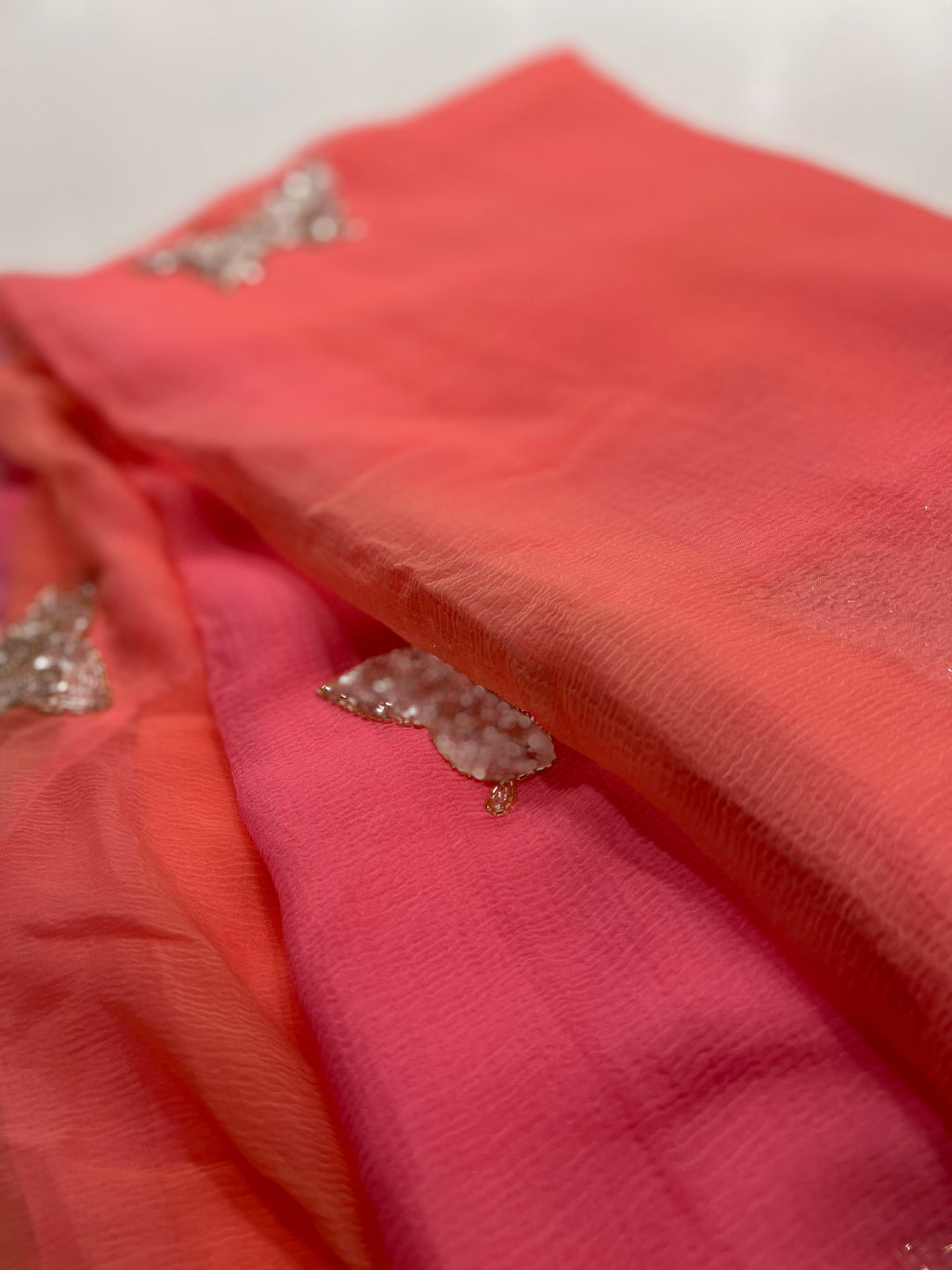 Orange pink shaded chiffon saree