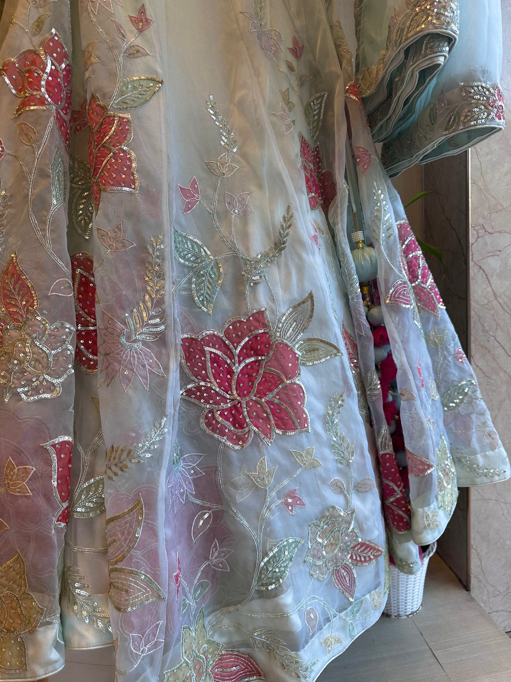 Aqua organza handwork appliqué lehenga