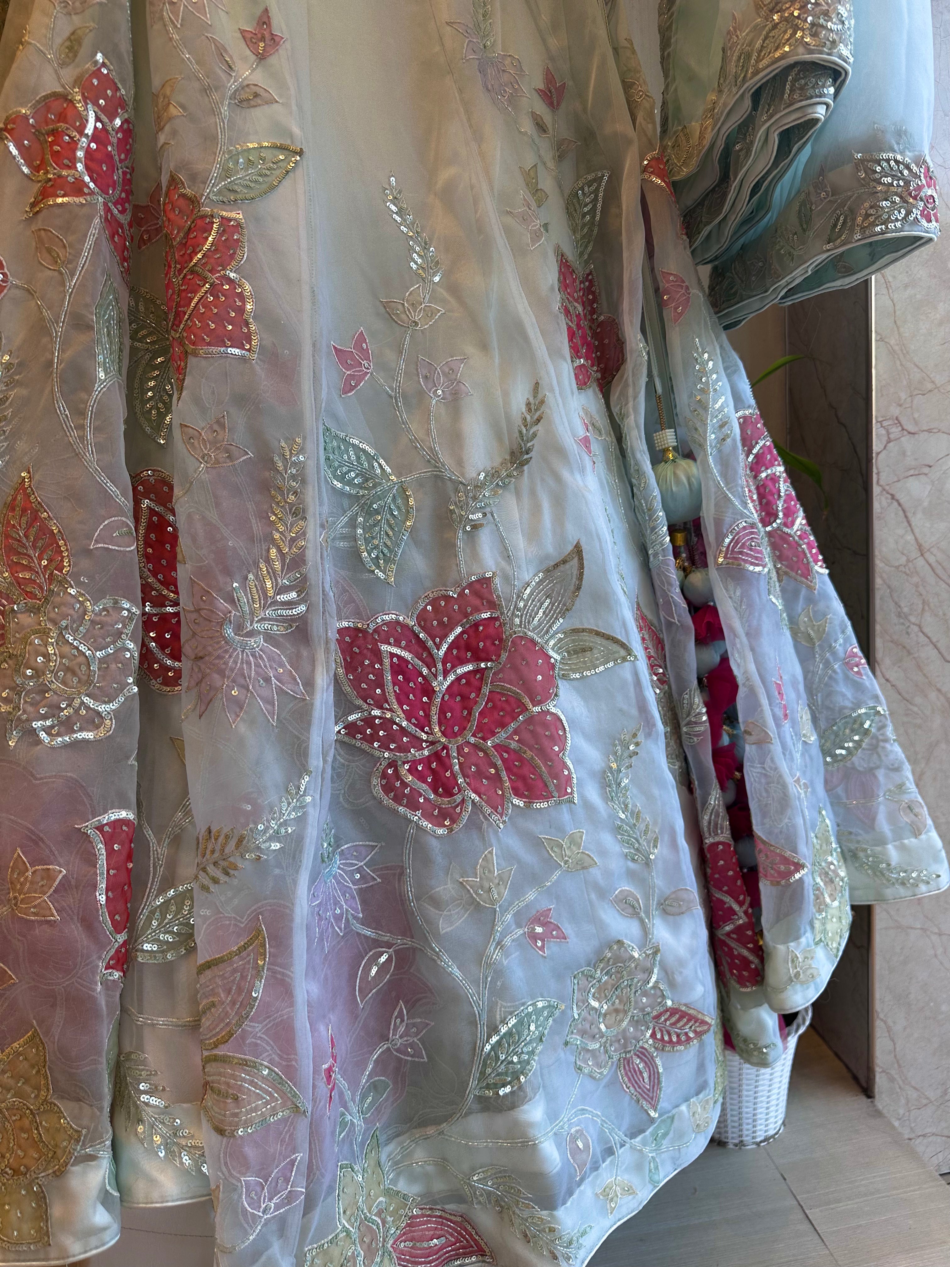 Aqua organza handwork appliqué lehenga