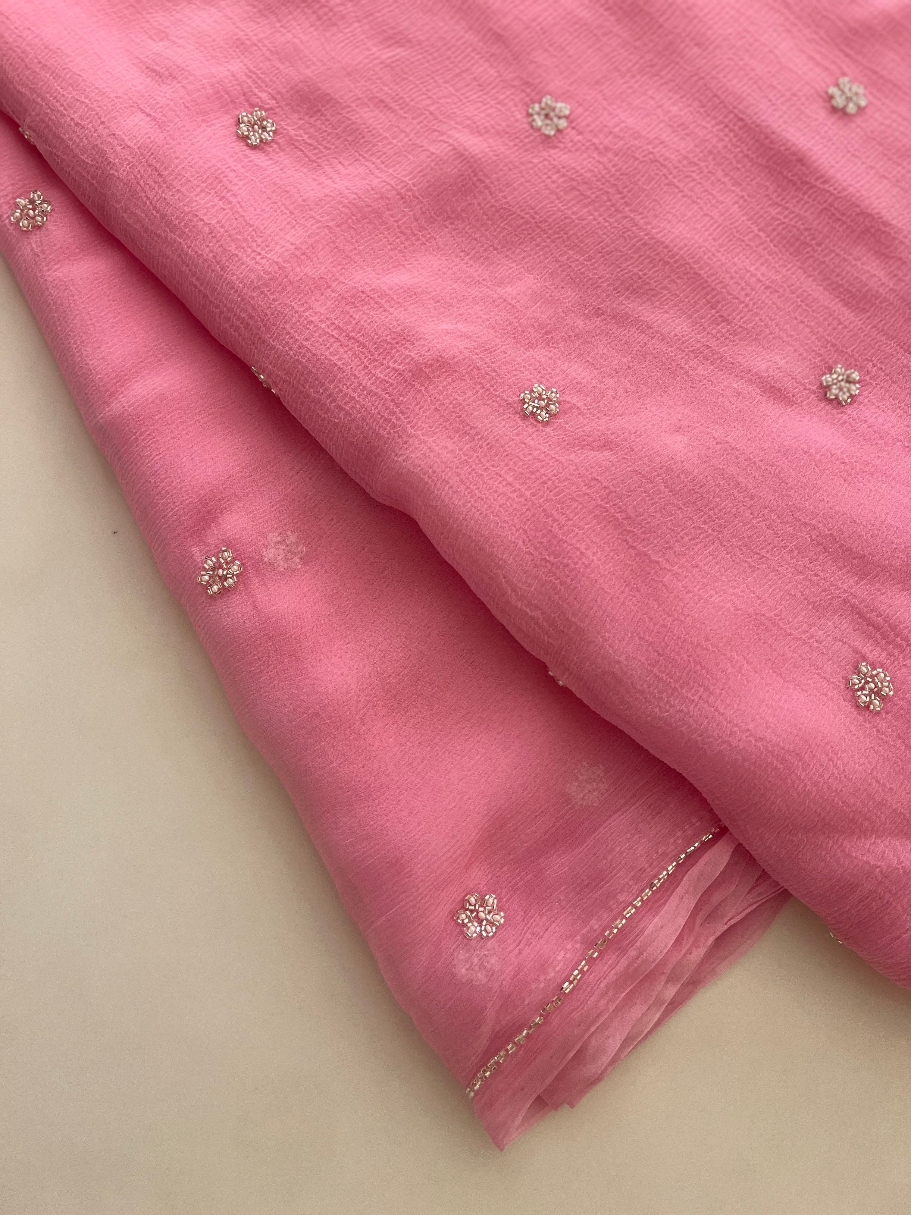 Baby pink leaf motif chiffon saree