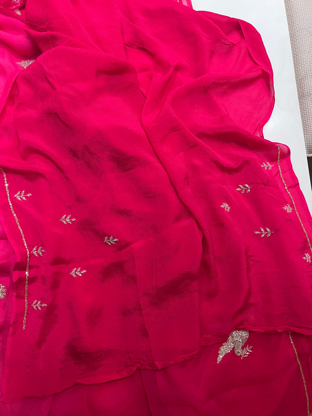 Red Rani bird Chiffon Saree