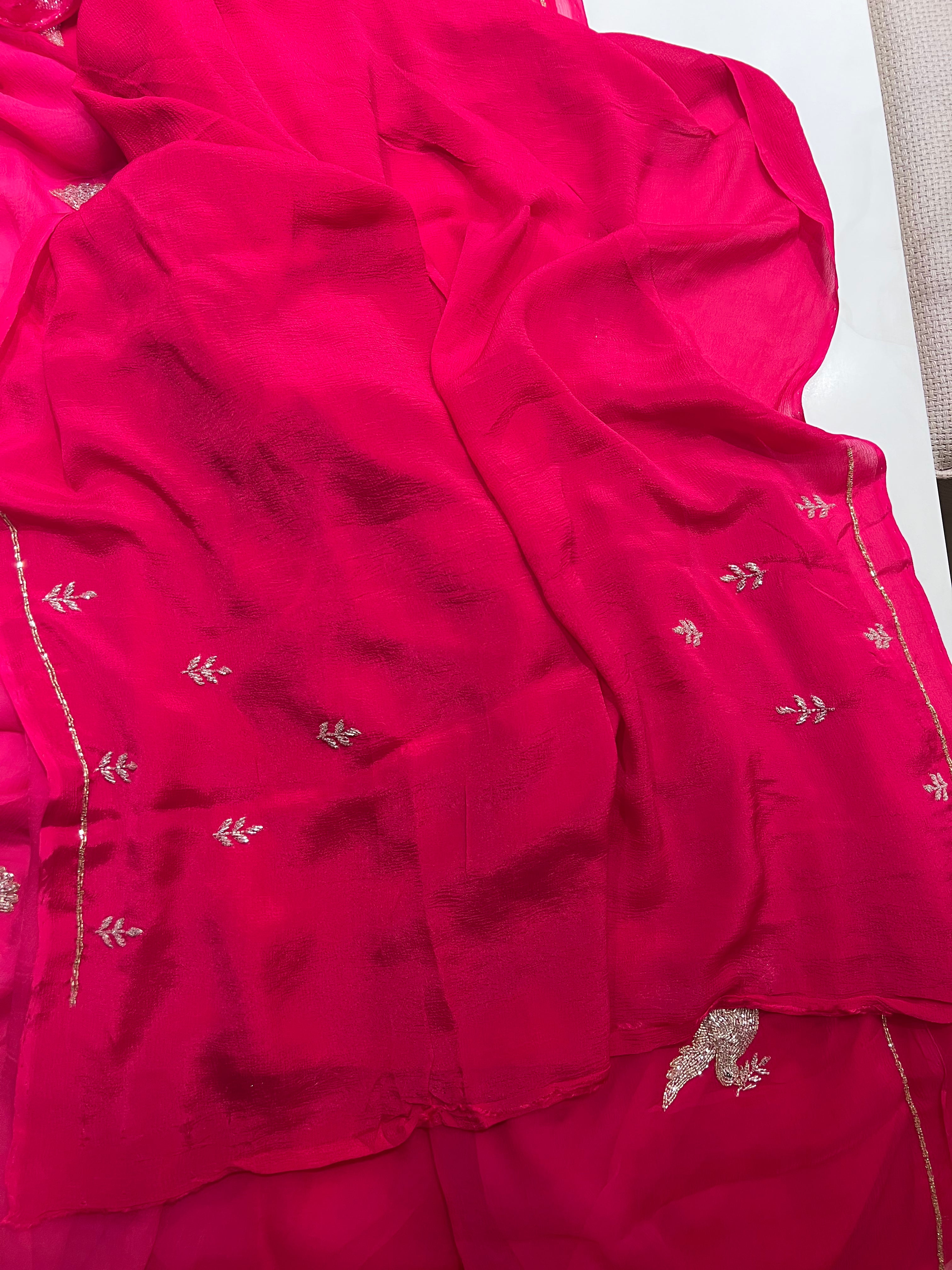 Red Rani bird Chiffon Saree