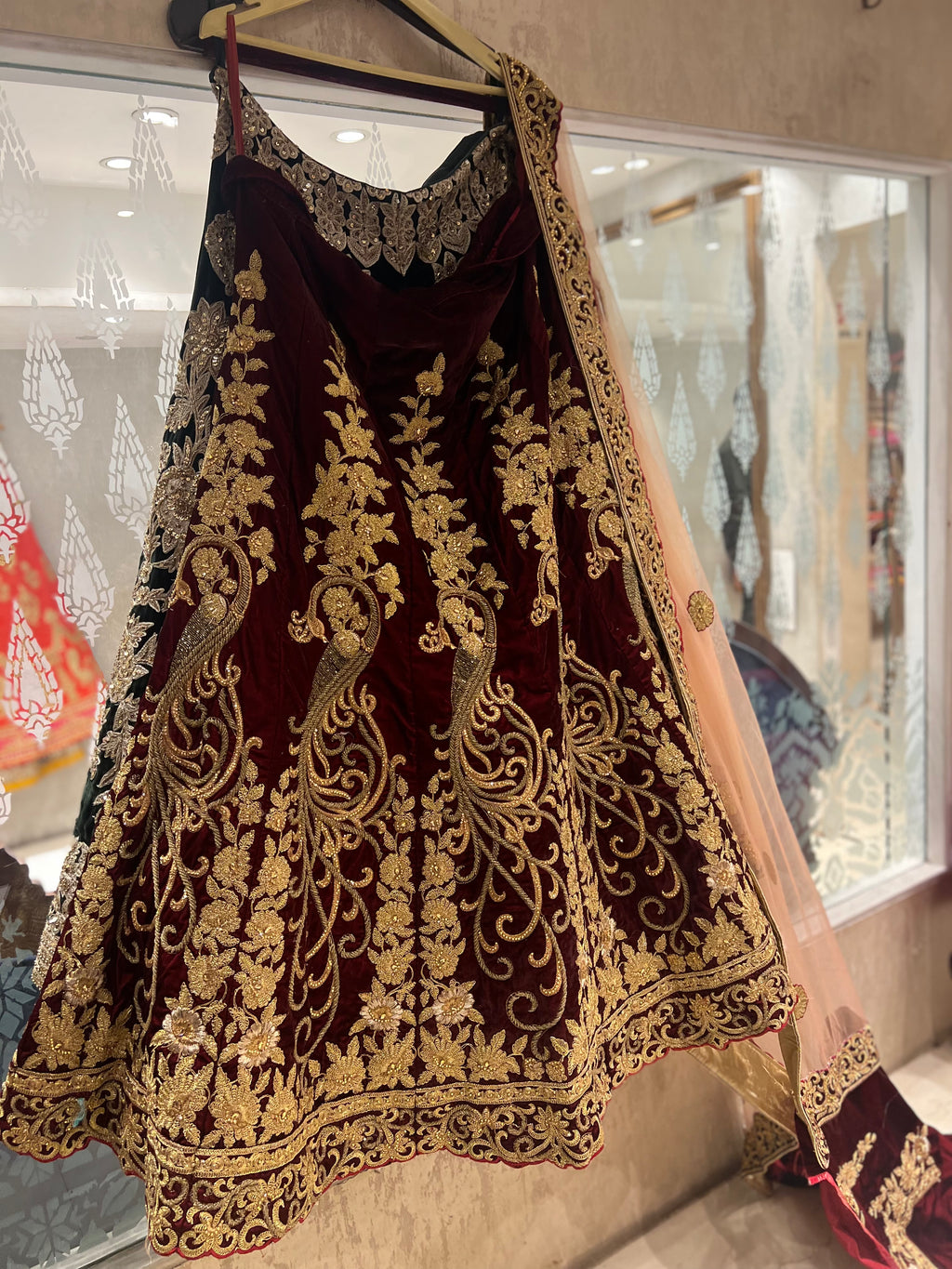 Velvet Mughal handwork lehenga set