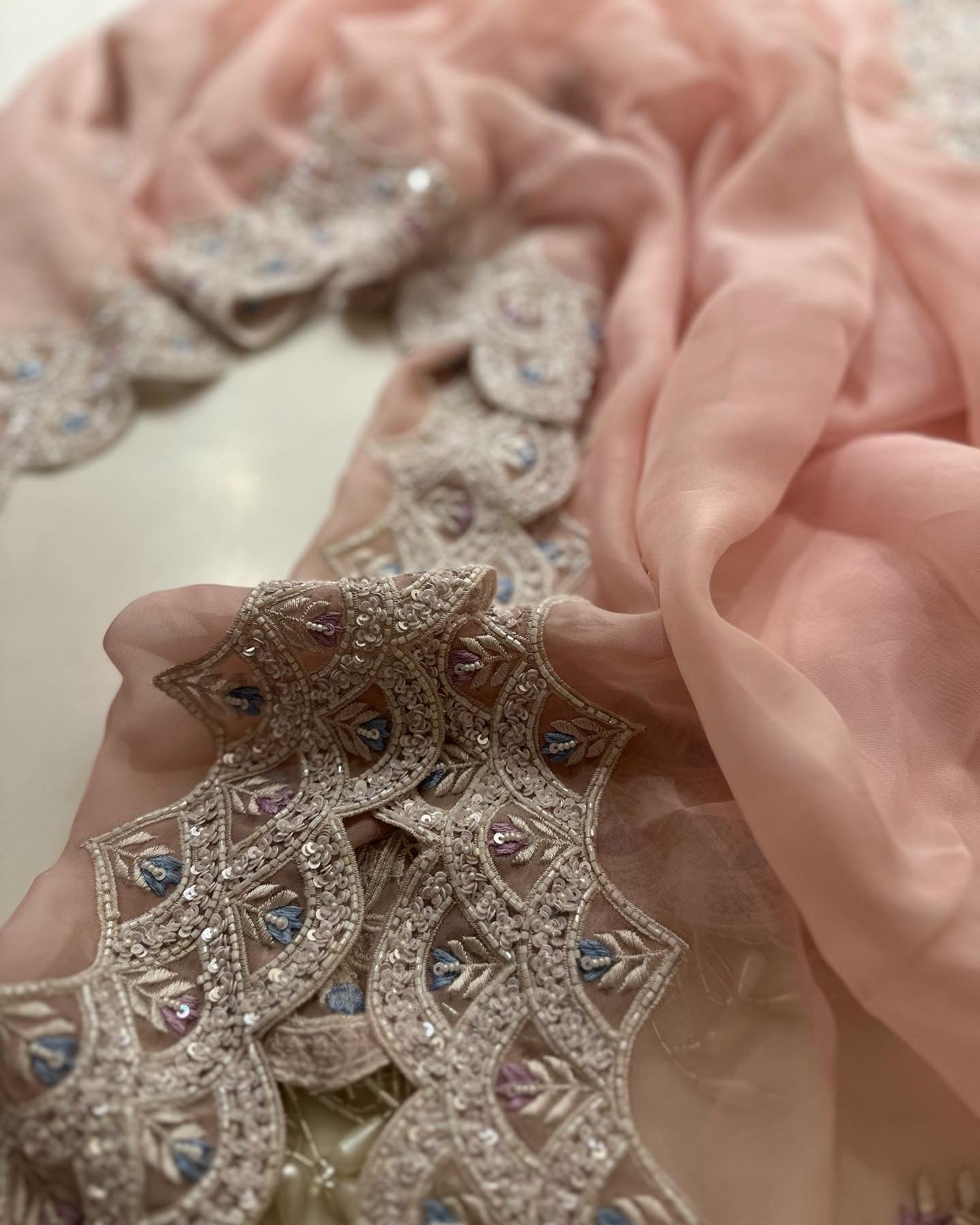 Soft Pink Pearl Saree with Resham blouse