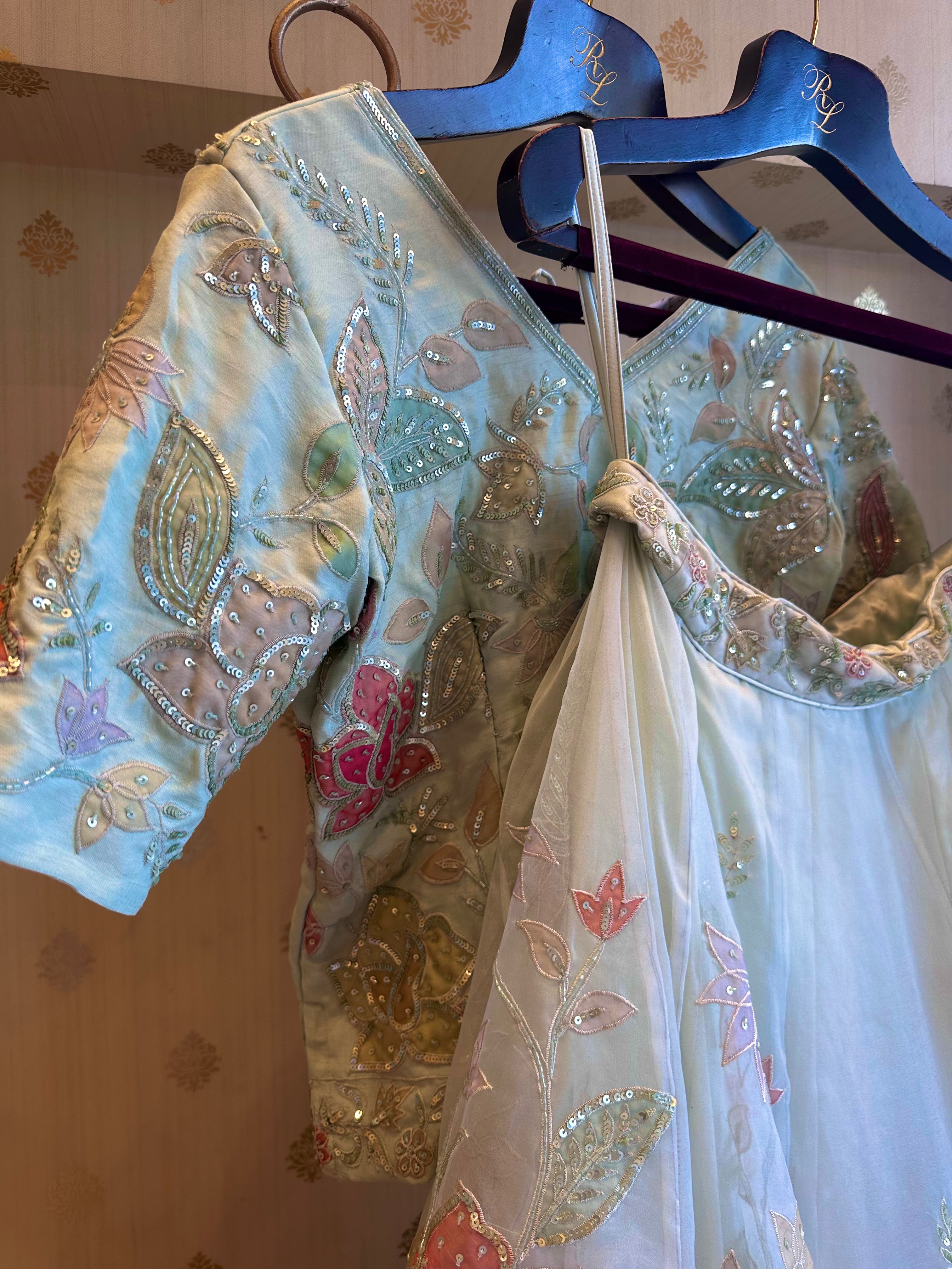 Aqua organza handwork appliqué lehenga