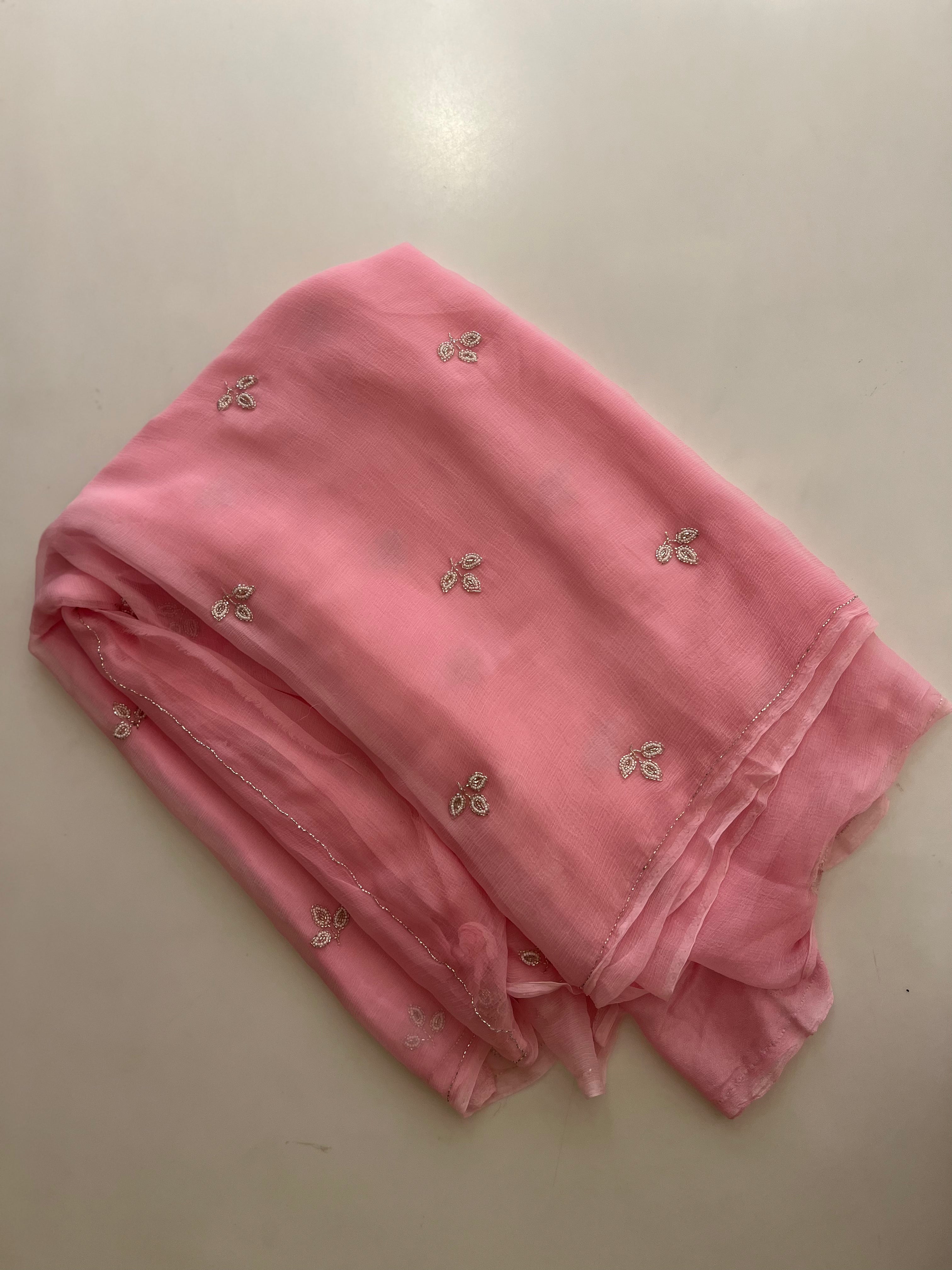 Baby pink leaf motif chiffon saree