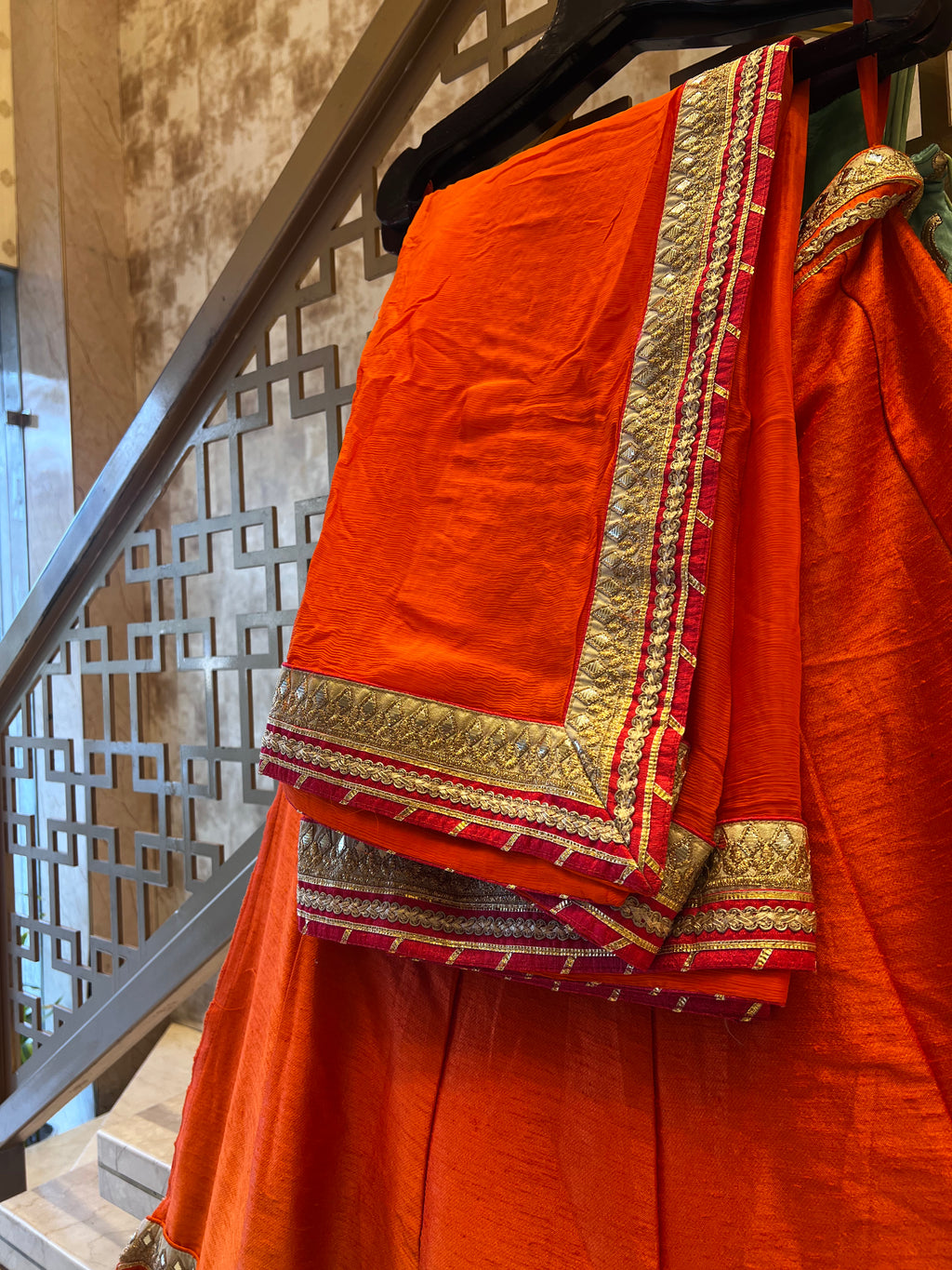 Tangerine raw silk lehenga