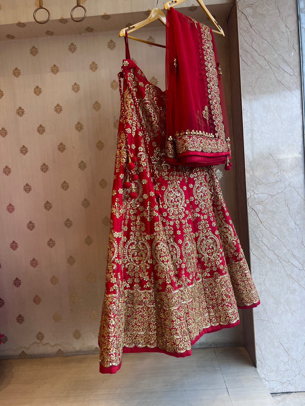 Red handwork gotapatti lehenga