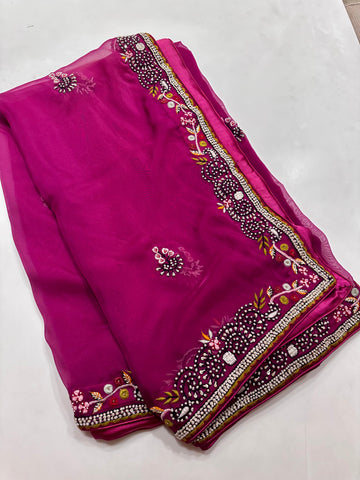 Wine Resham Hand embroidered saree