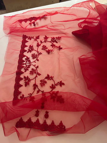 Rose Red Resham embroidered net saree