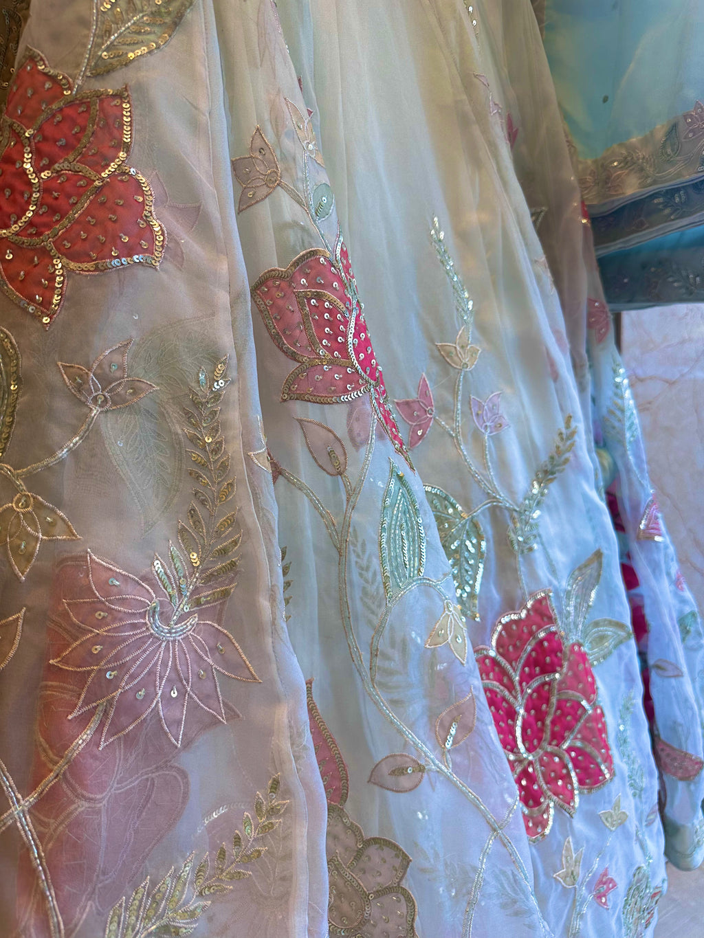 Aqua organza handwork appliqué lehenga