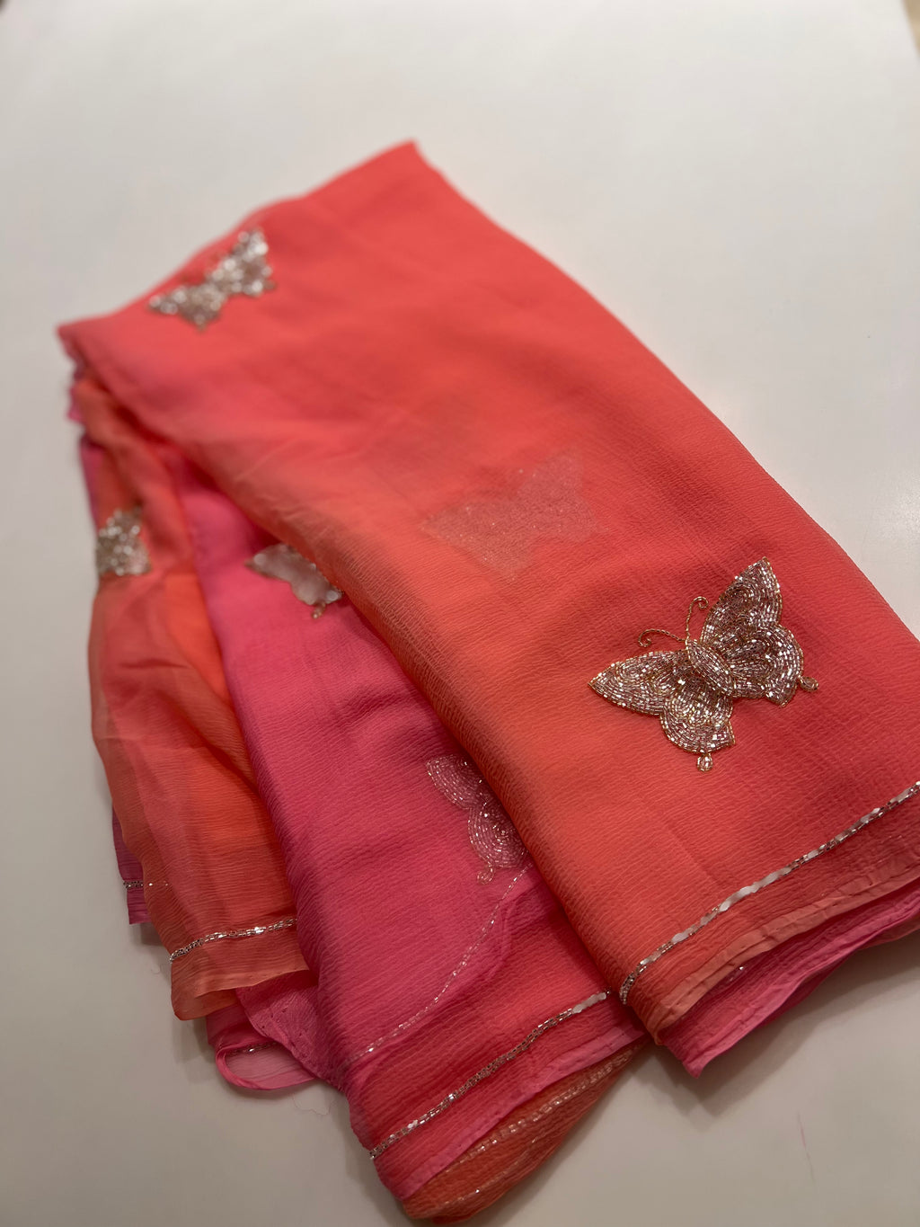 Orange pink shaded chiffon saree