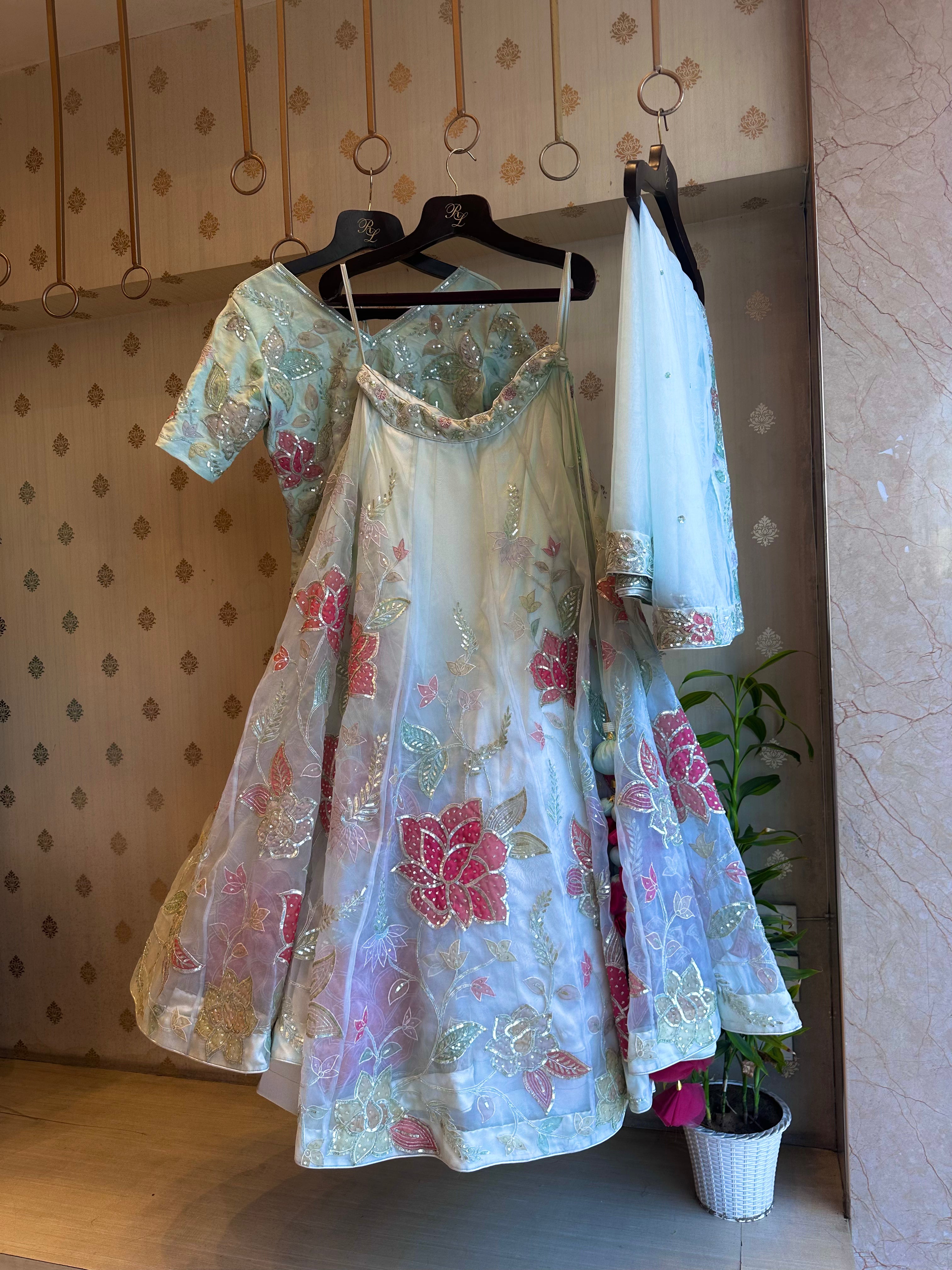 Aqua organza handwork appliqué lehenga