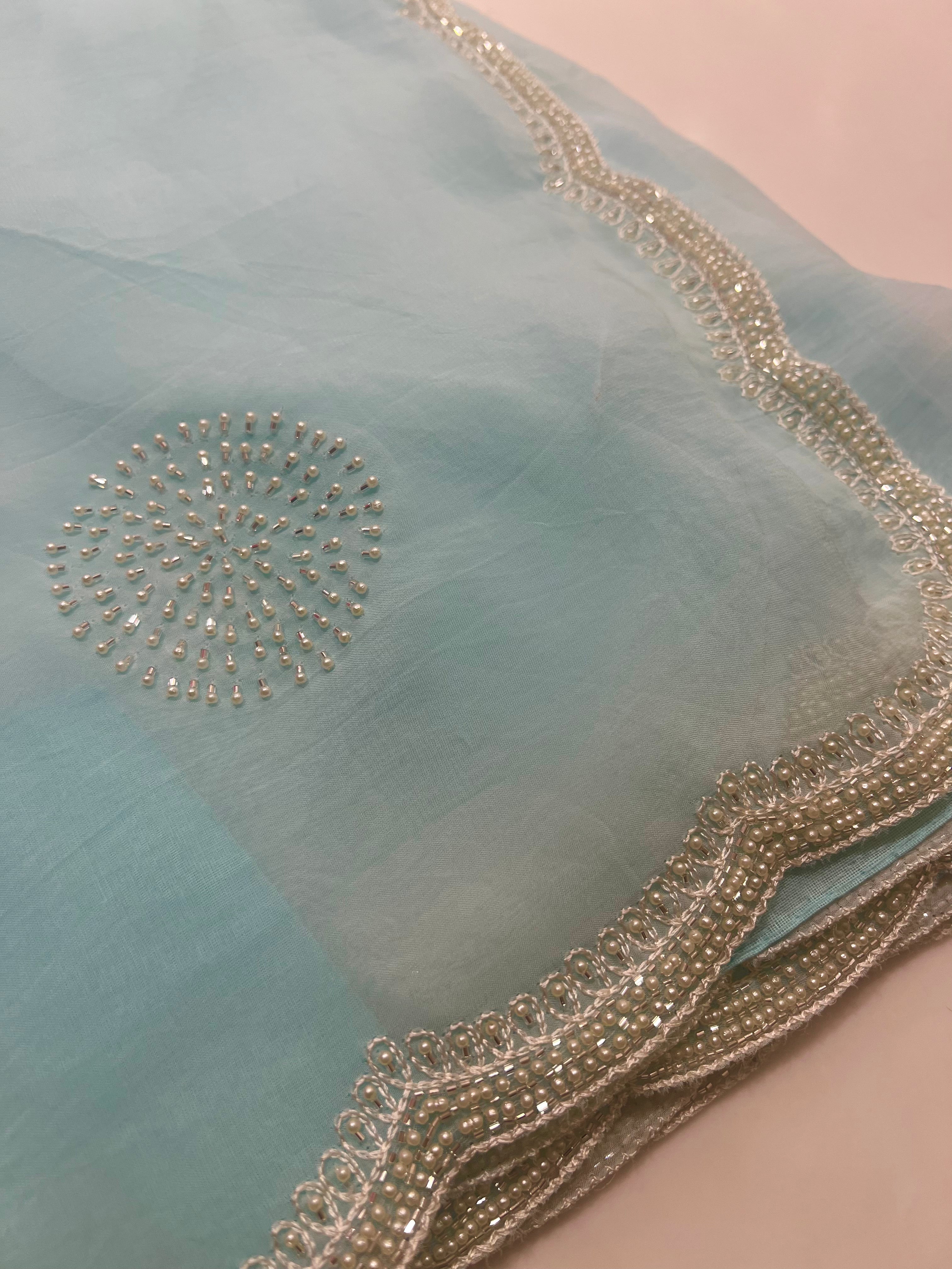 Organza aqua blue saree