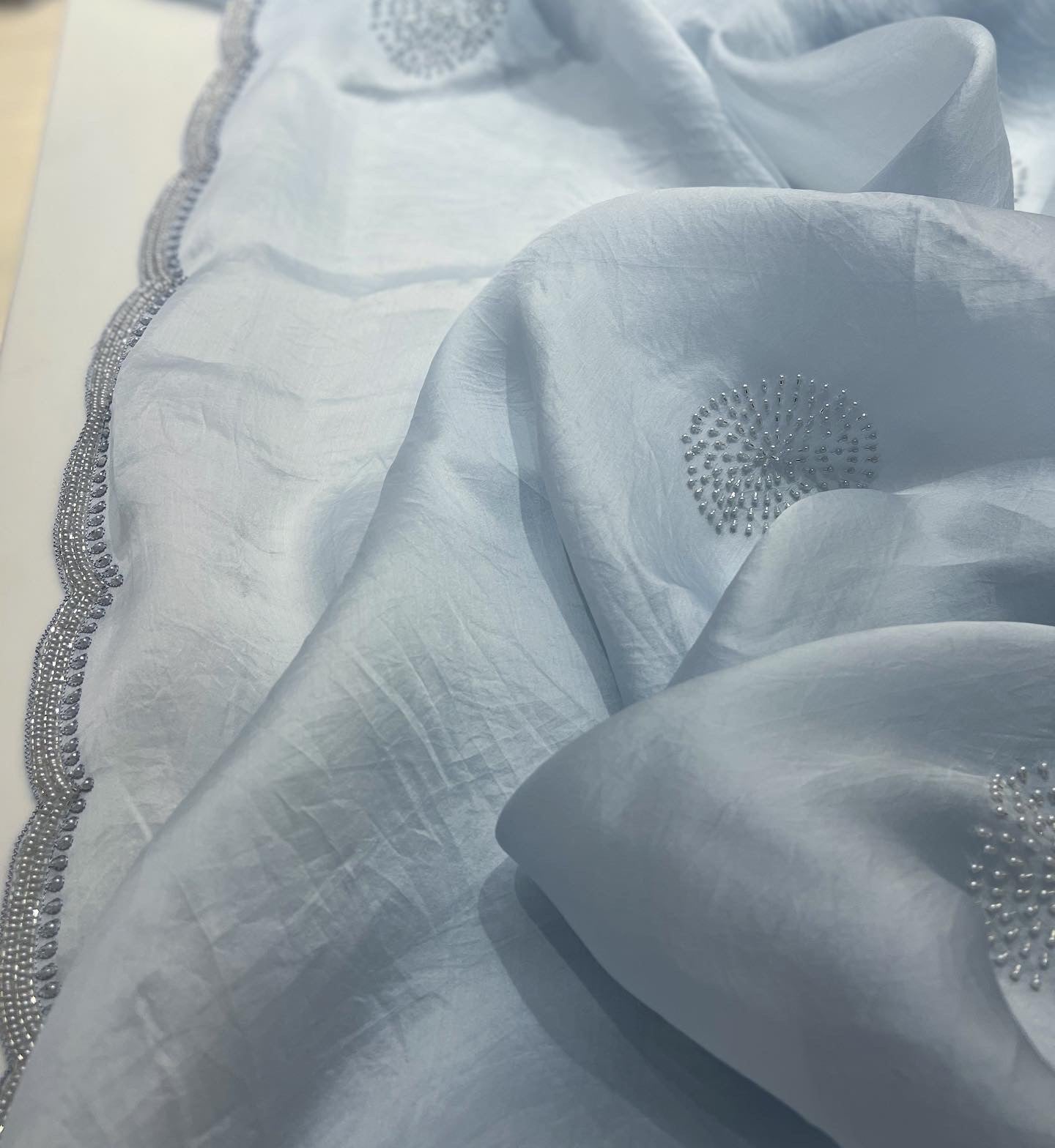 Ice blue pure satin organza saree