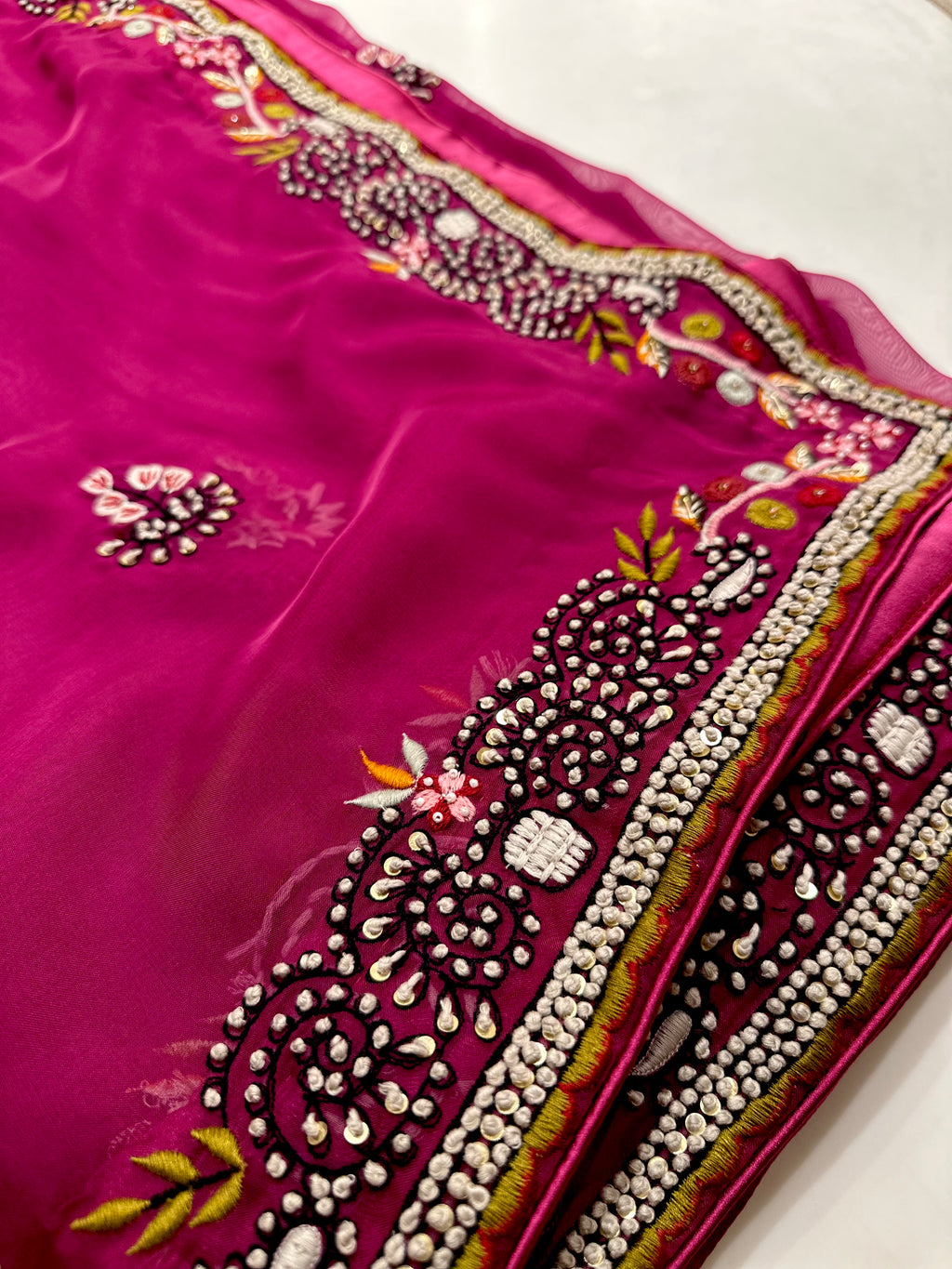 Wine Resham Hand embroidered saree