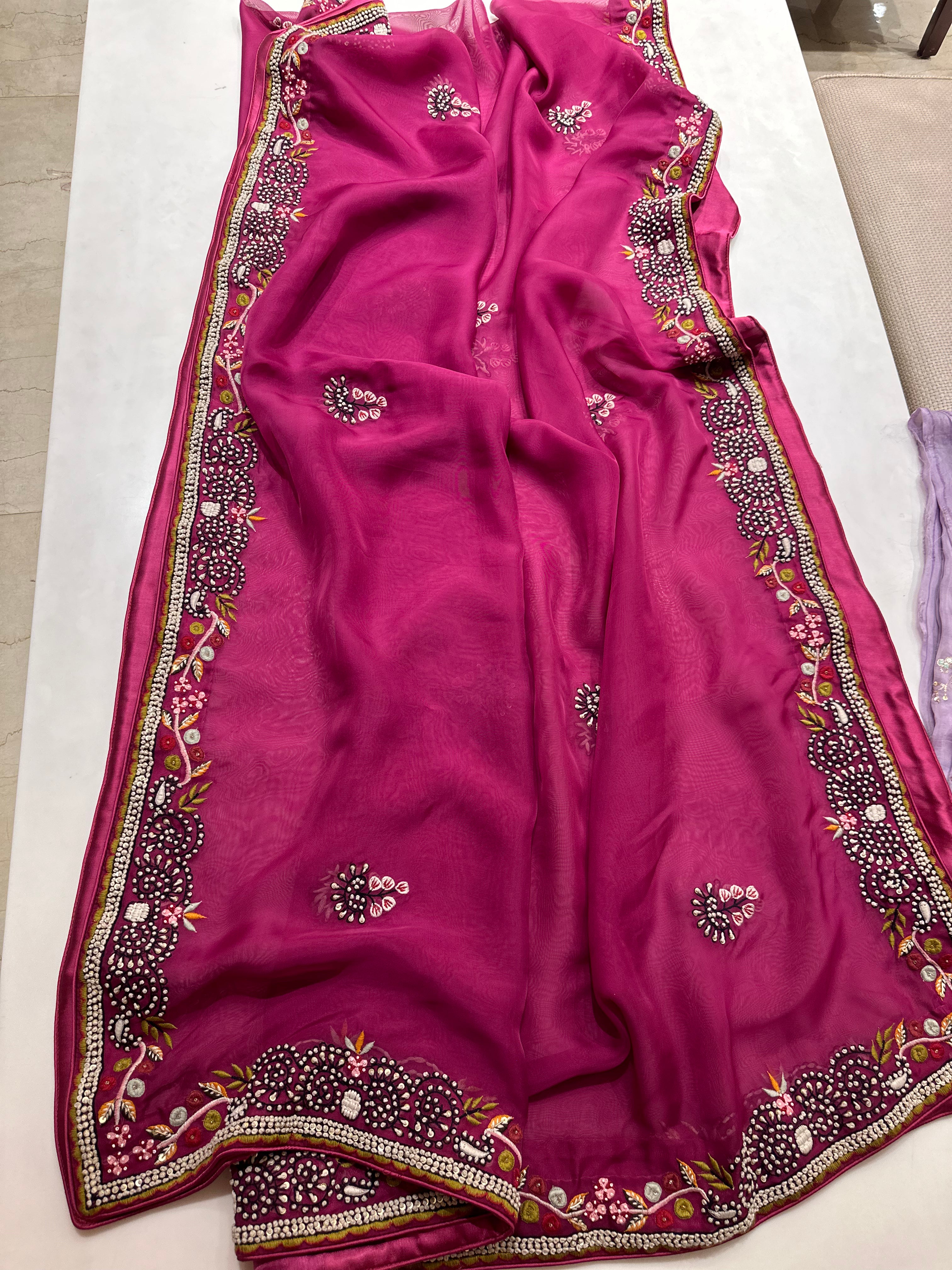 Wine Resham Hand embroidered saree
