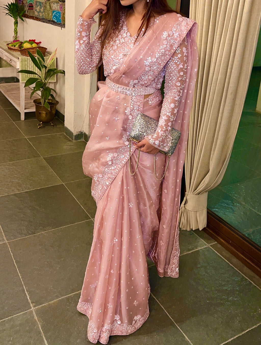 Salmon Pink cocktail saree