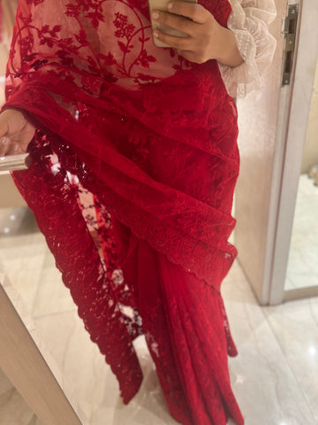 Rose Red Resham embroidered net saree