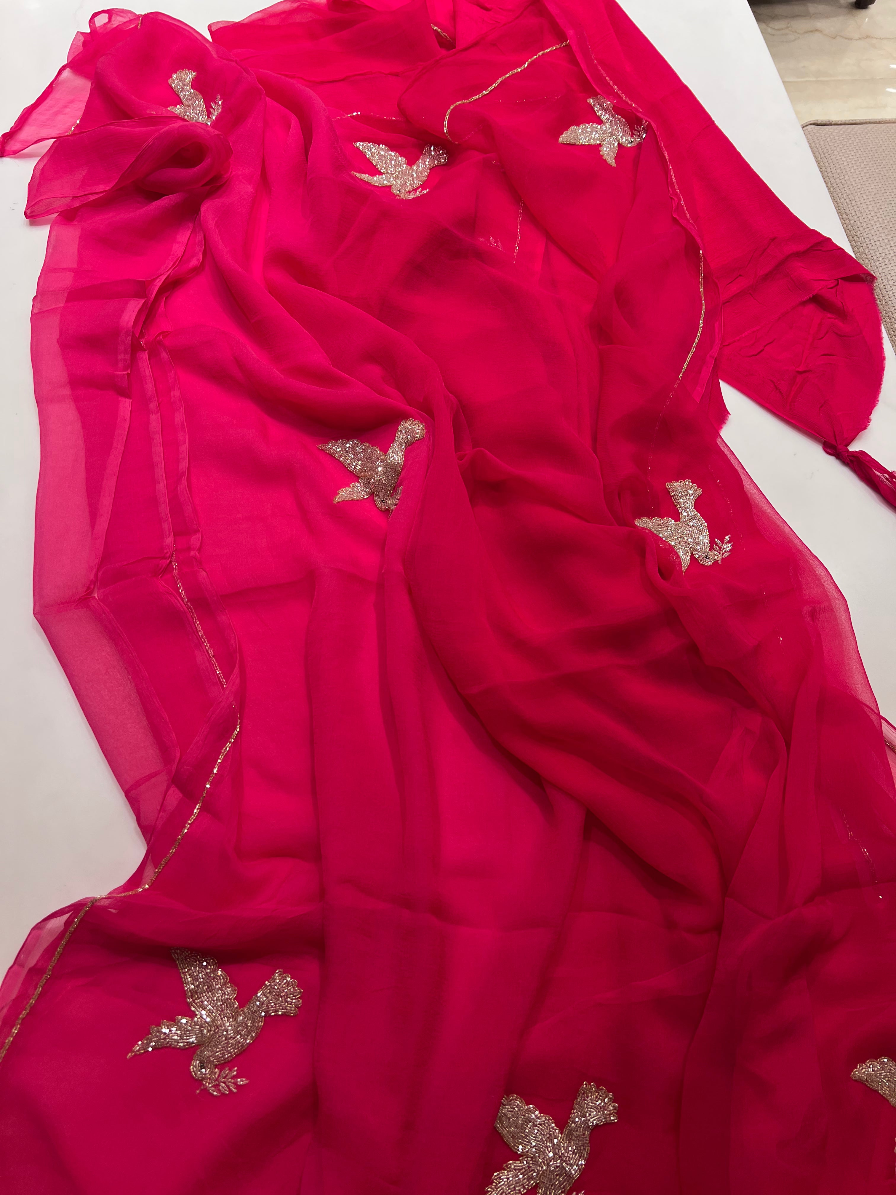 Red Rani bird Chiffon Saree