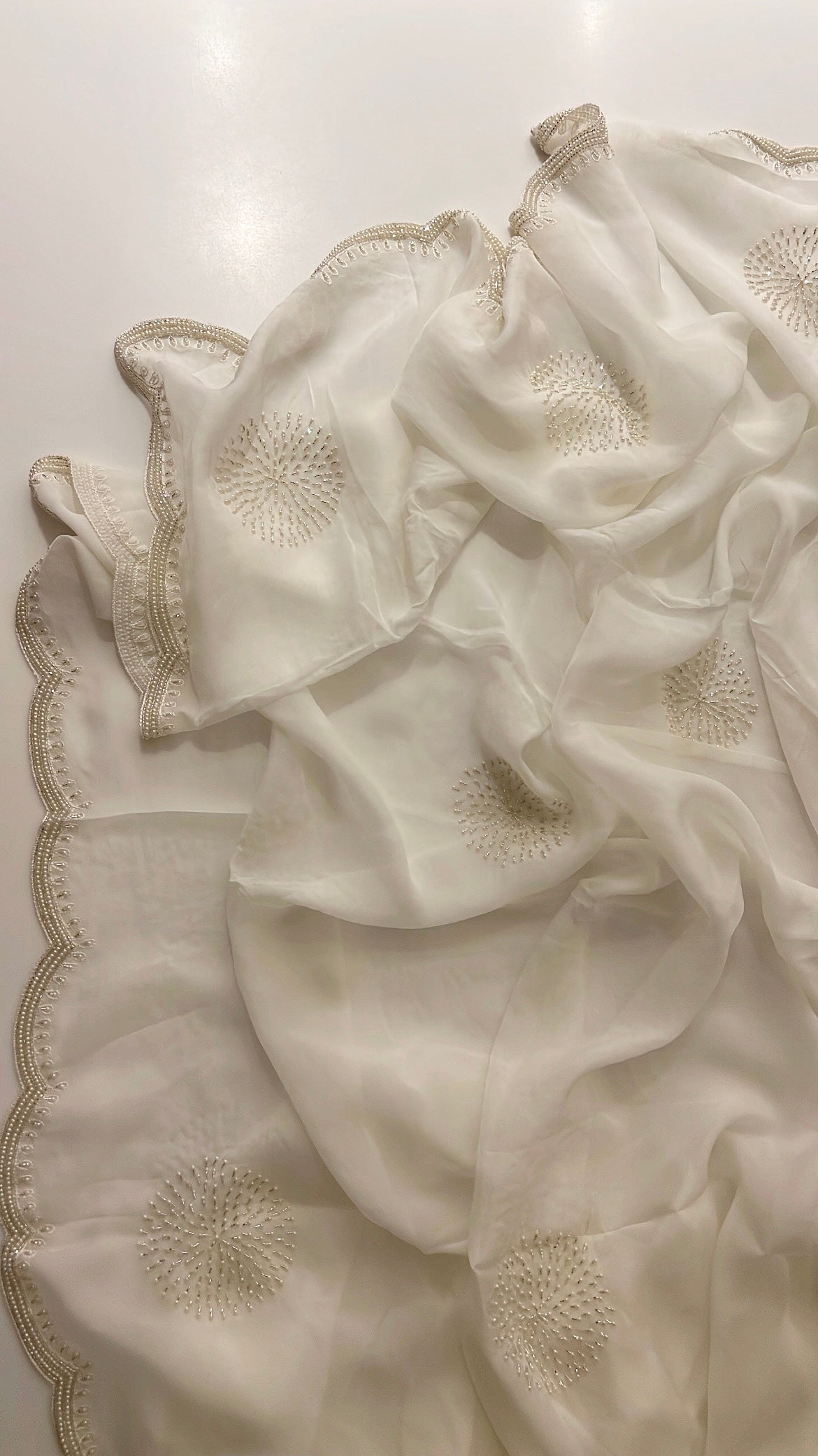 Ivory pearl organza saree