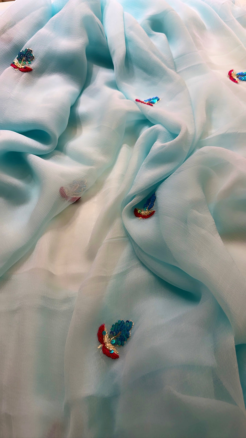 Aqua Dainty Handwork chiffon saree