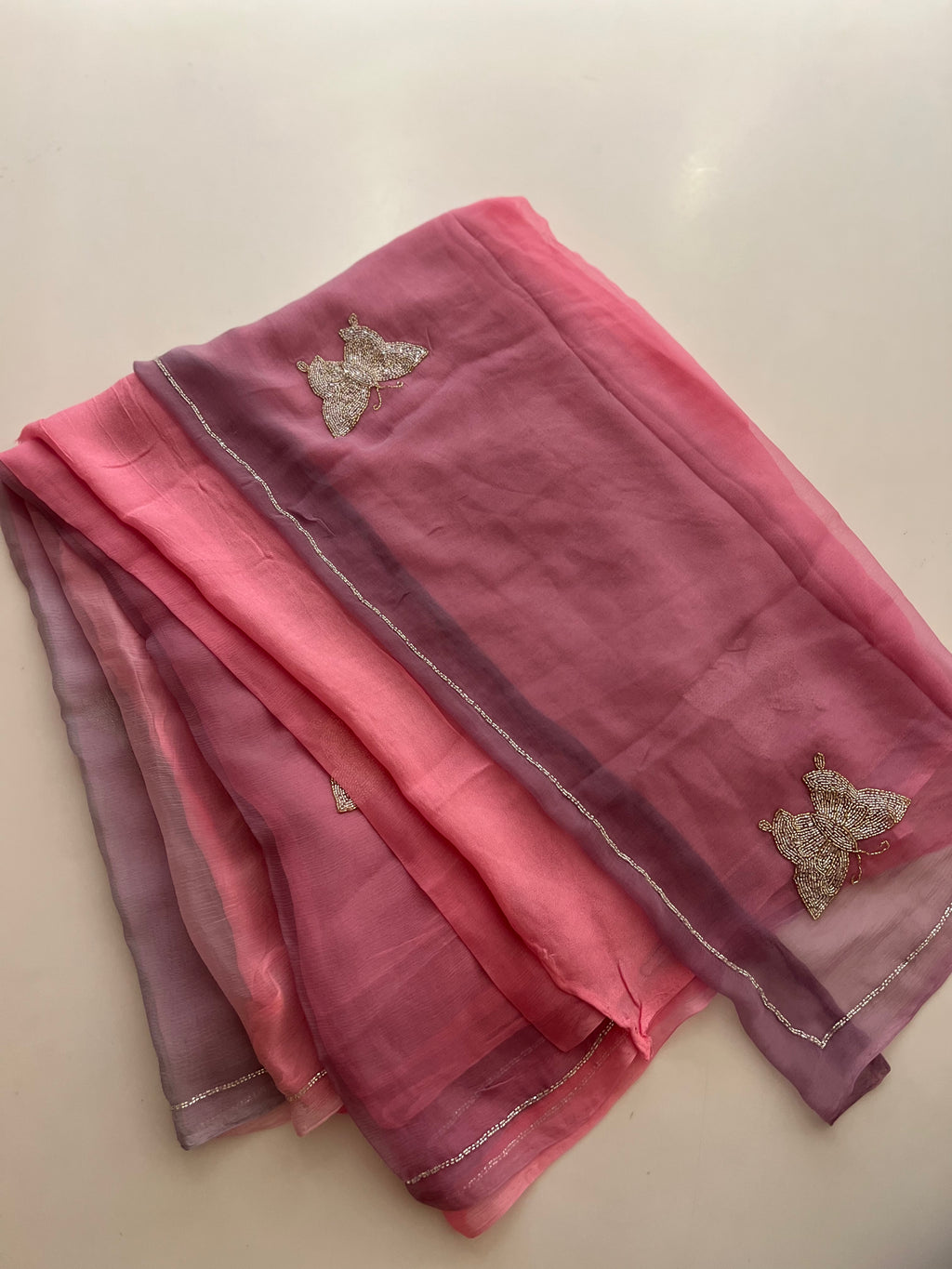 Wine and Powder pink Chiffon saree