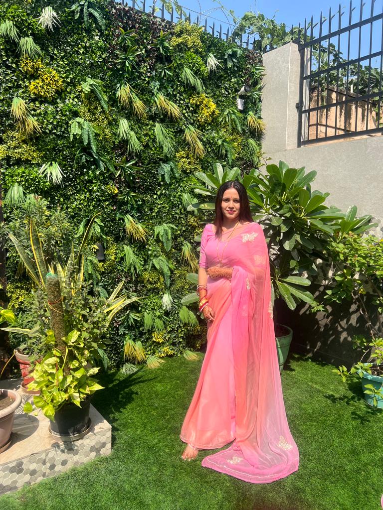 Orange pink shaded chiffon saree