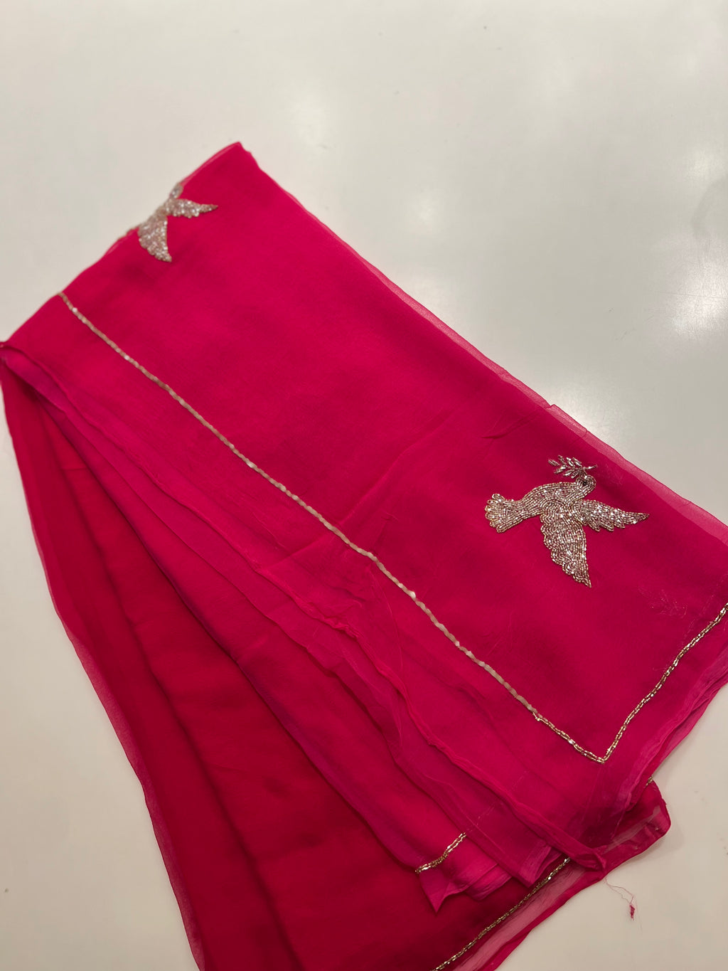 Red Rani bird Chiffon Saree