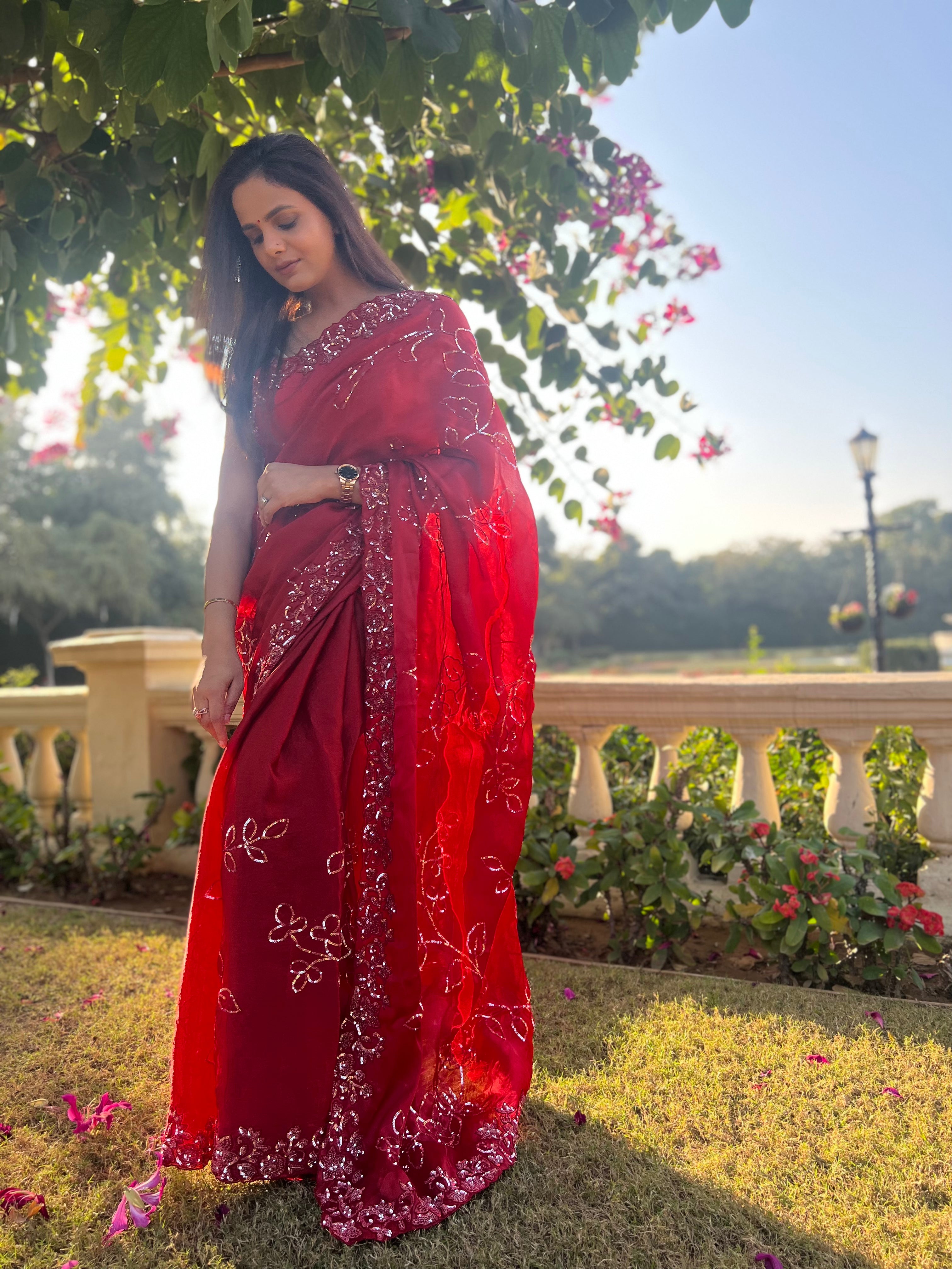 Hot Red cocktail saree