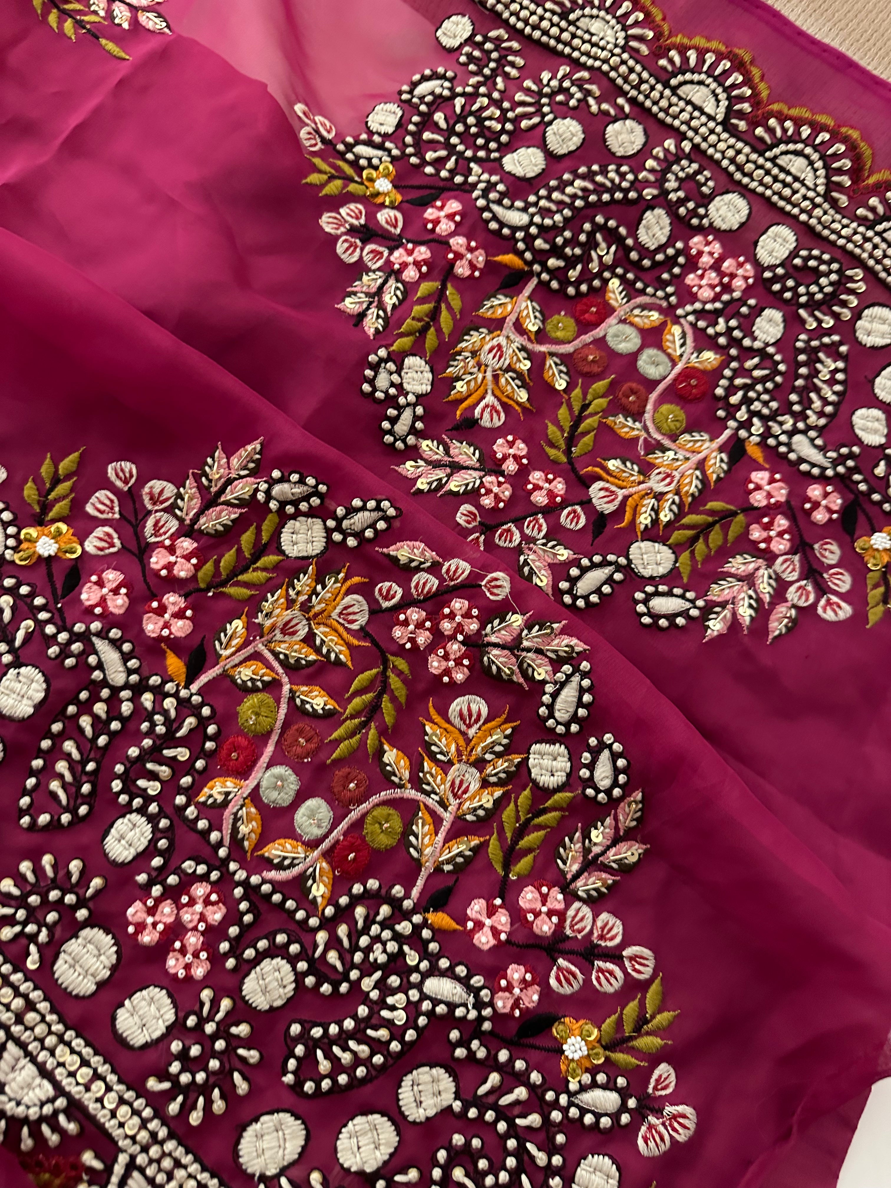 Wine Resham Hand embroidered saree