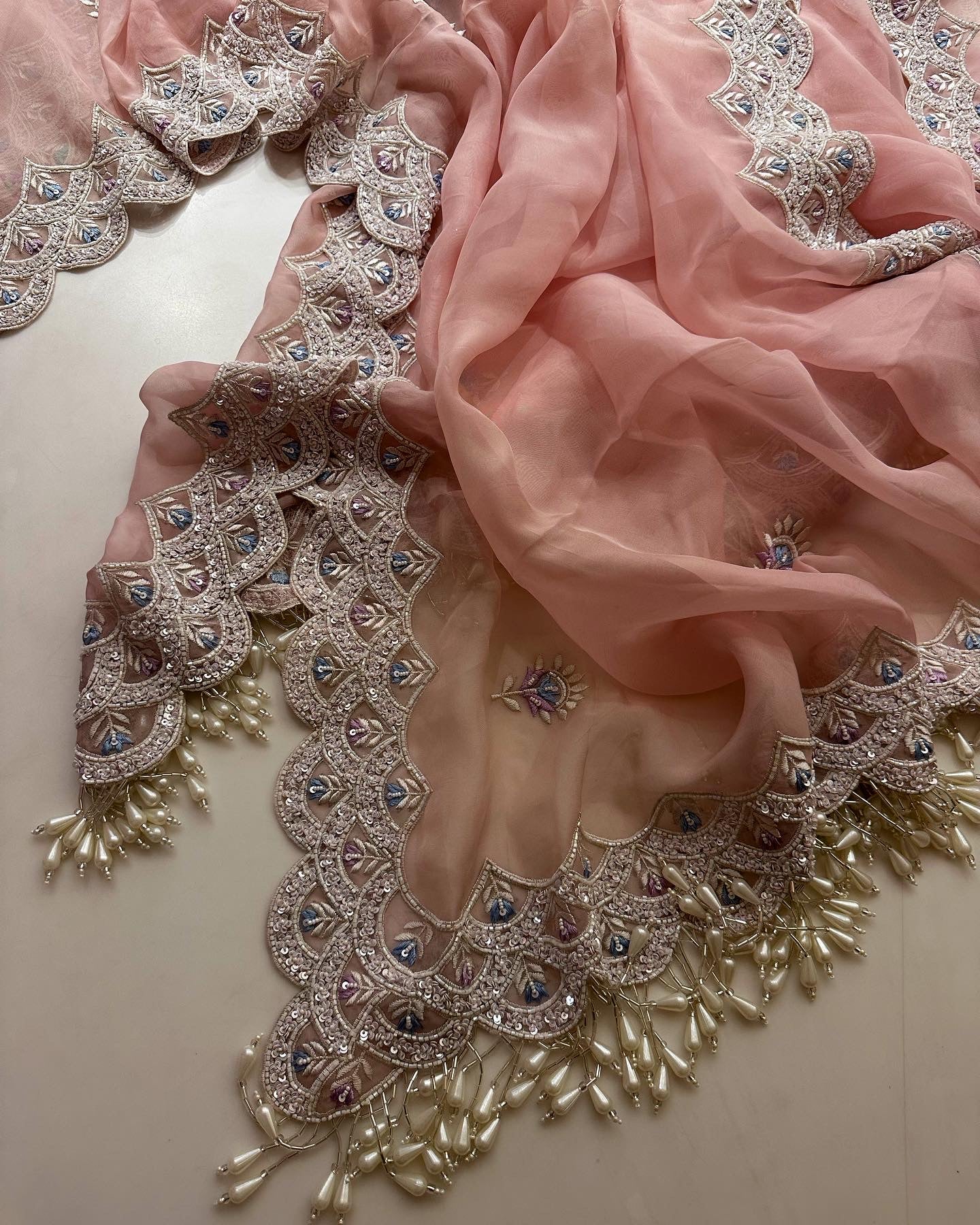 Soft Pink Pearl Saree with Resham blouse